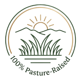 Sunrise over green hills with grass, circular logo design, text reads '100% Pasture-Raised'