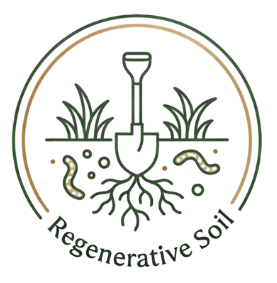 Logo featuring a shovel digging into soil with plant roots and worms, surrounded by grass, and the words 'Regenerative Soil' below.
