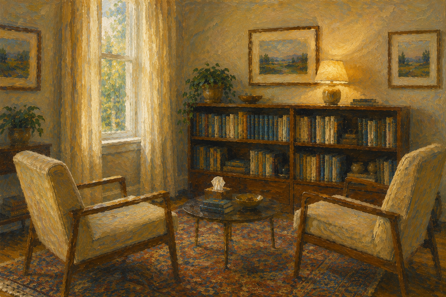 A cozy living room with two yellow armchairs facing each other, a small round coffee table with books and decorative items, a tall wooden bookshelf filled with books, a side table with potted plants, framed landscape paintings on the wall, a window with curtains allowing natural light, and a lamp providing warm illumination.