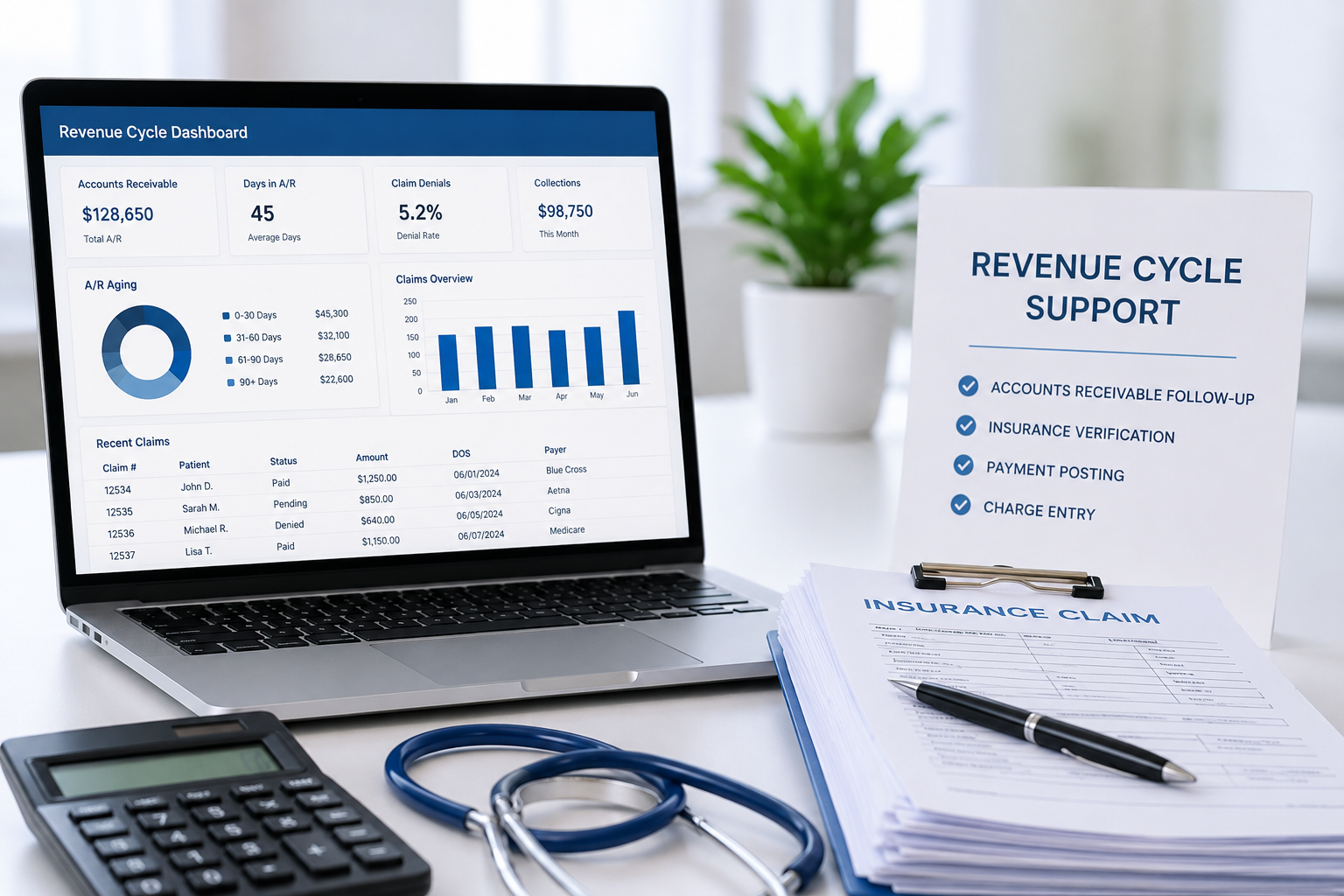 A laptop displaying a revenue cycle dashboard, a sign with revenue cycle support services, an insurance claim form with a pen, a calculator, and a stethoscope on a white desk.