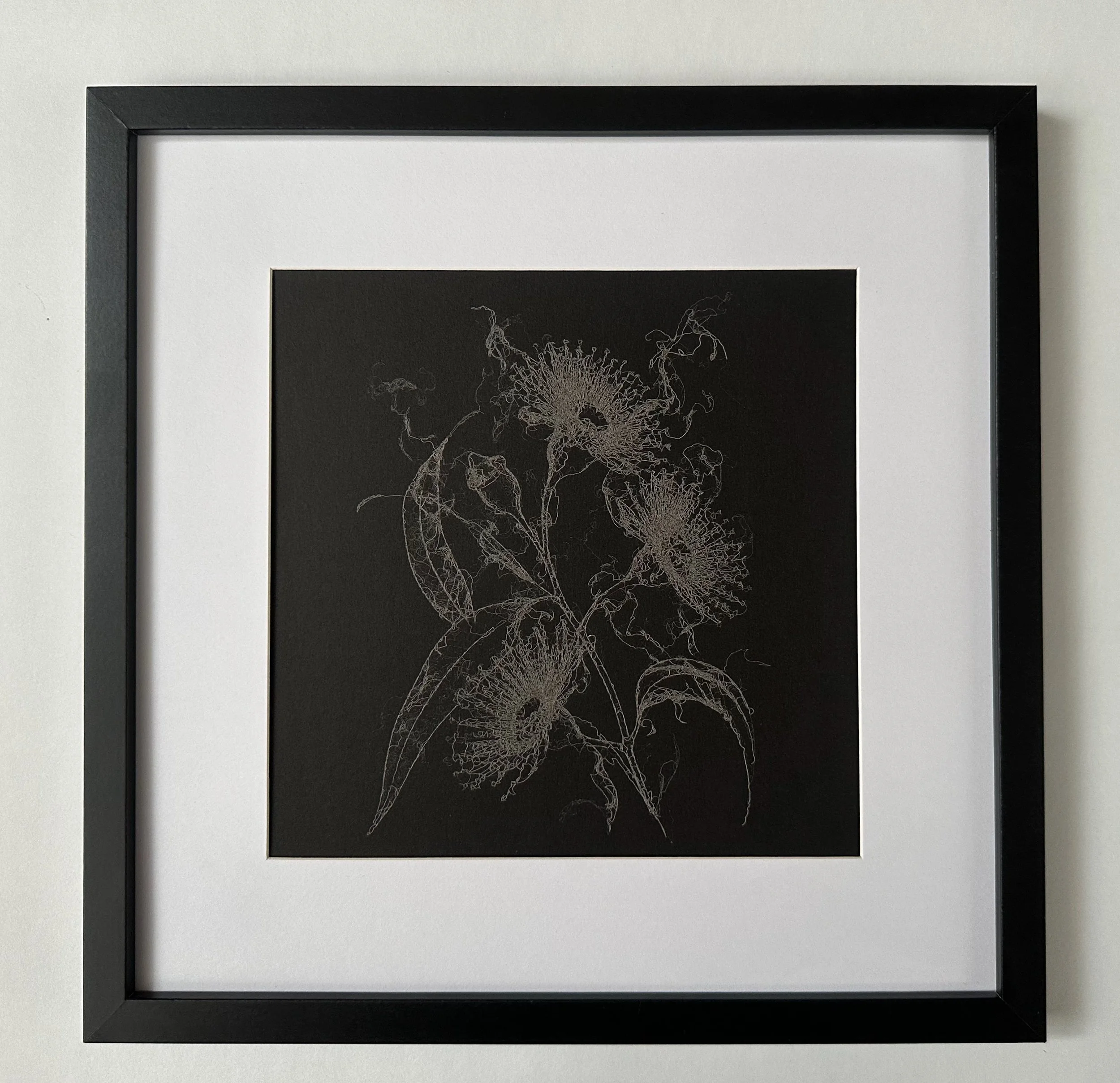 Framed laser drawing of Gum flowers