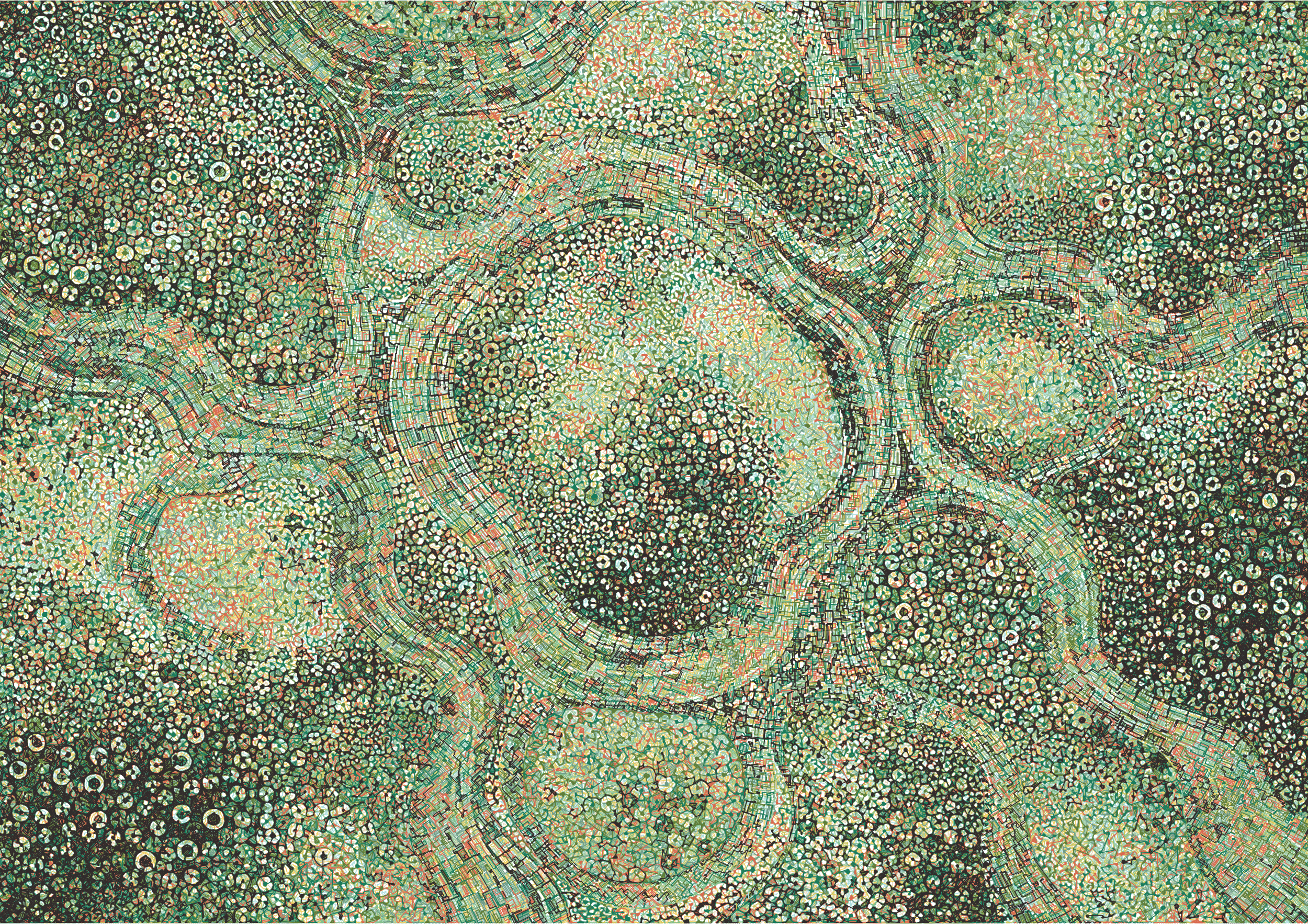 Rendered plotting of fields and marshes reinterpreted in the style of a mosaic