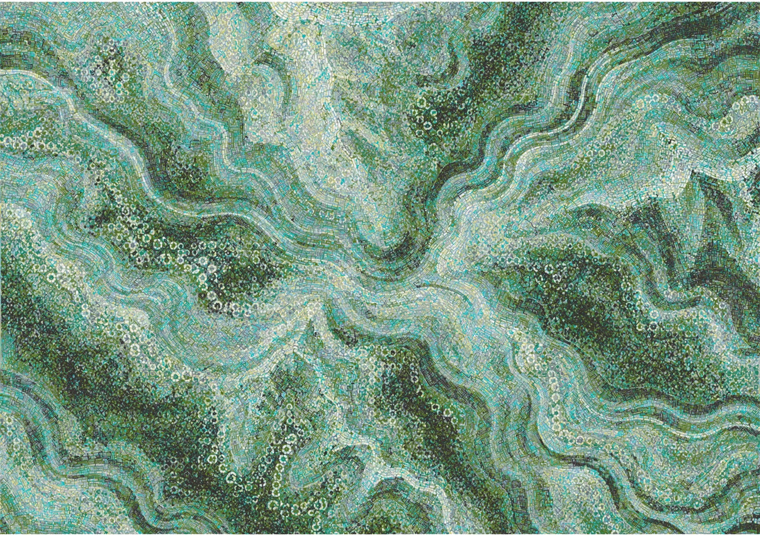 Rendered plotting of mountains and rivers reinterpreted in the style of a mosaic