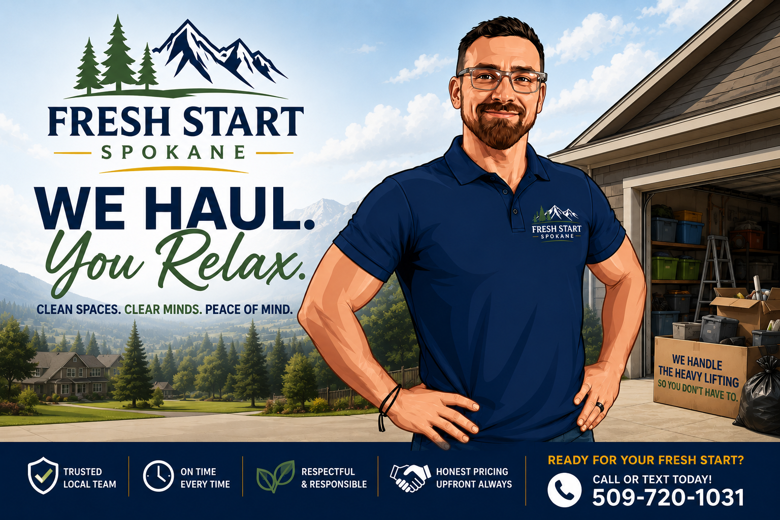 An advertisement for Fresh Start Spokane featuring a man in a blue polo shirt with the company's logo, standing in a garage next to a box labeled 'We Handle the Heavy Lifting So You Don’t Have To.' The background shows a neighborhood with houses and trees under a partly cloudy sky, and the text emphasizes services such as clean spaces, clear minds, and peace of mind, with contact information and icons promoting trusted local team, punctuality, responsibility, and upfront pricing.