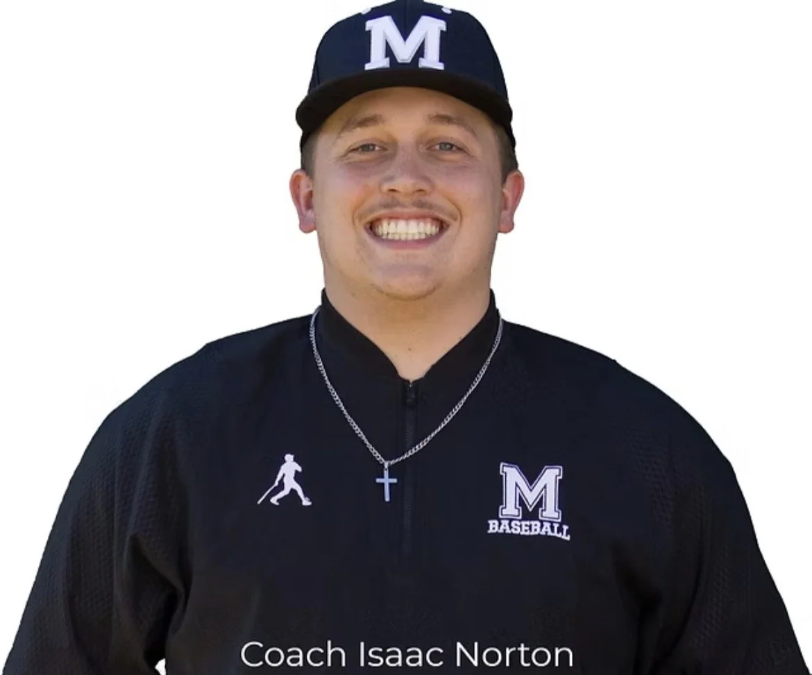 A young man smiling, wearing a black baseball cap with an 'M' logo, black sports jacket with a 'M BASEBALL' patch, and a silver necklace with a cross. Text at the bottom reads 'Coach Isaac Norton'.