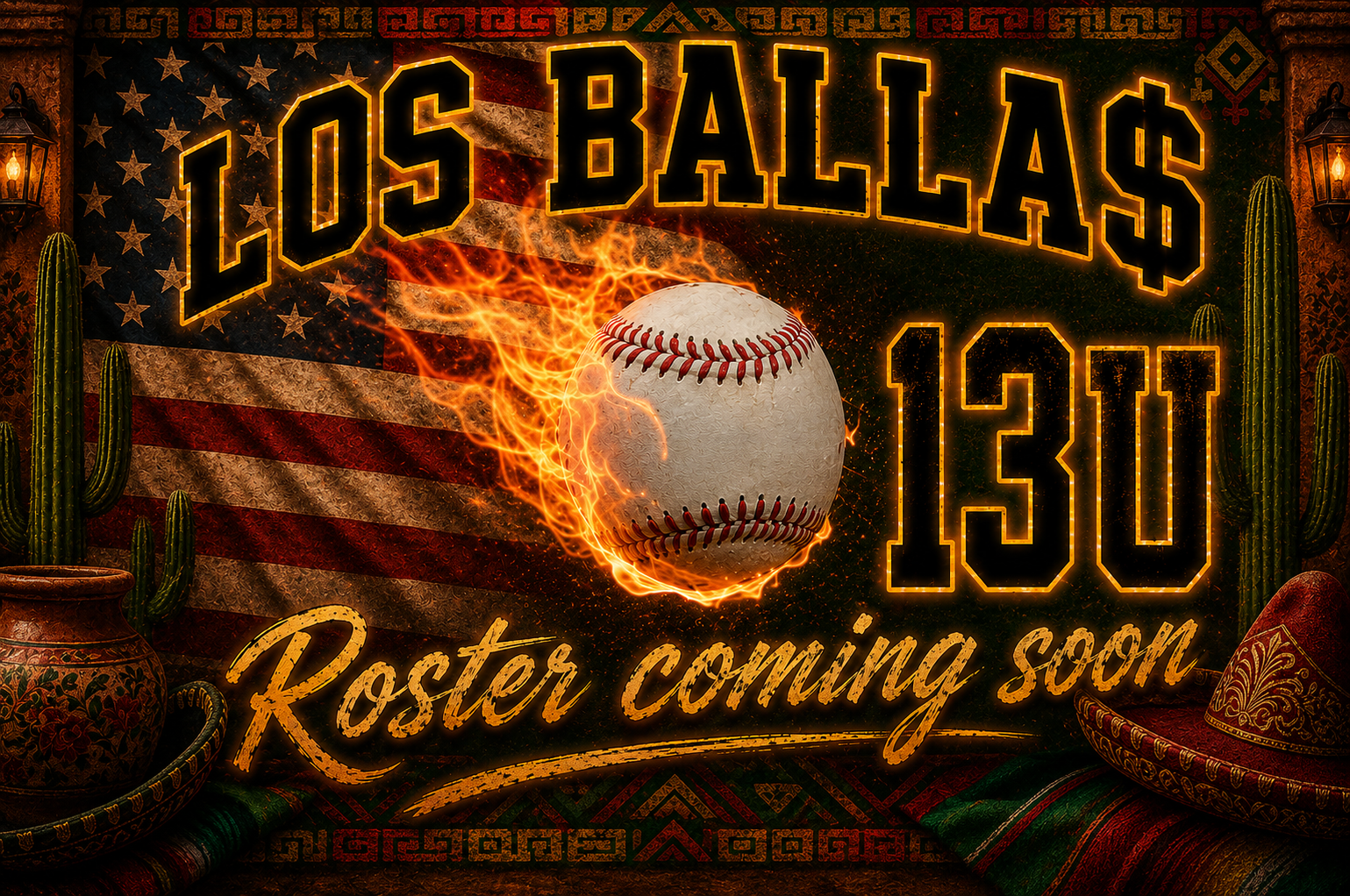 Digital poster announcing the Los Angeles Ball 130 event with motivational baseball graphic, American flag background, and Western-themed decorations.