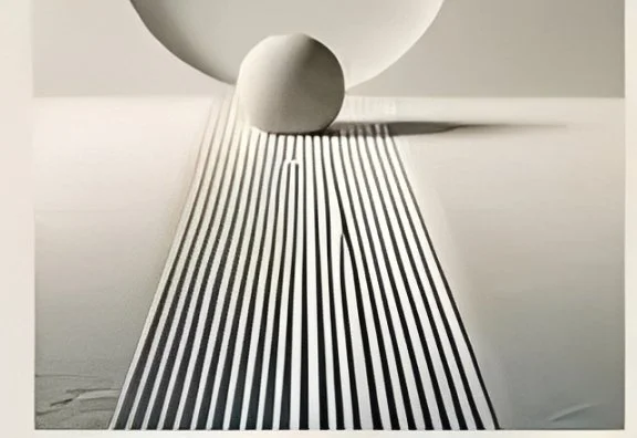 A spherical sculpture perched on top of a tall, conical stand with black and white vertical stripes.