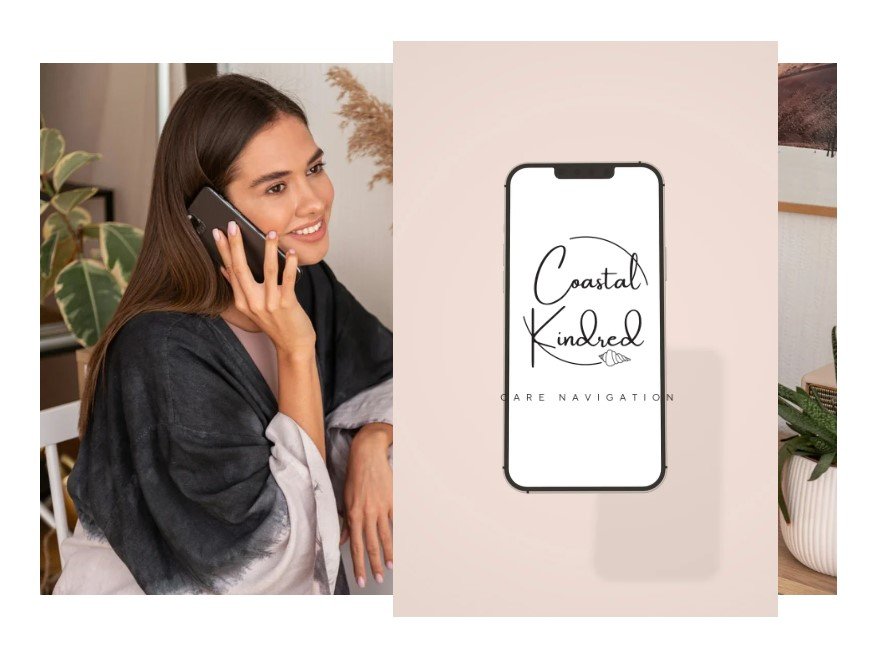 A woman smiling and talking on her cellphone, sitting indoors next to a large smartphone displaying the text 'Coastal Kindred Are Navigation' on a beige background.  Patient Care Advocacy. Florida. Healthcare Navigation Services. Insurance Navigation