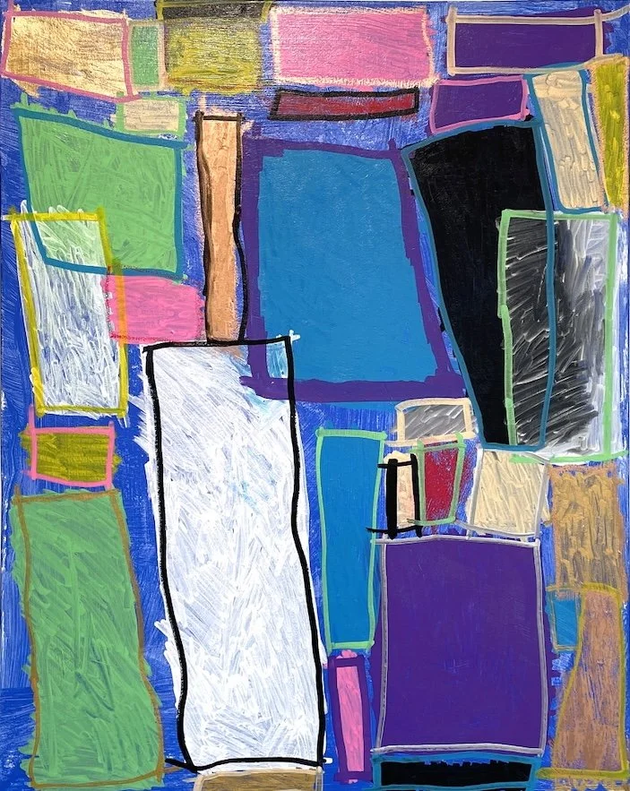 Abstract painting with blue background rectangle shapes in cool tones outlined in contrasting pose lines
