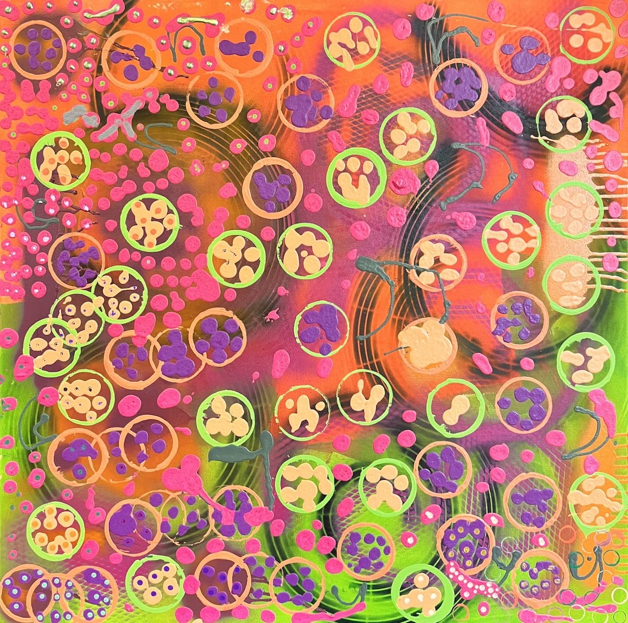 Abstract artwork with pink and green background, green and pale orange and and pink purple and beige dots over the top