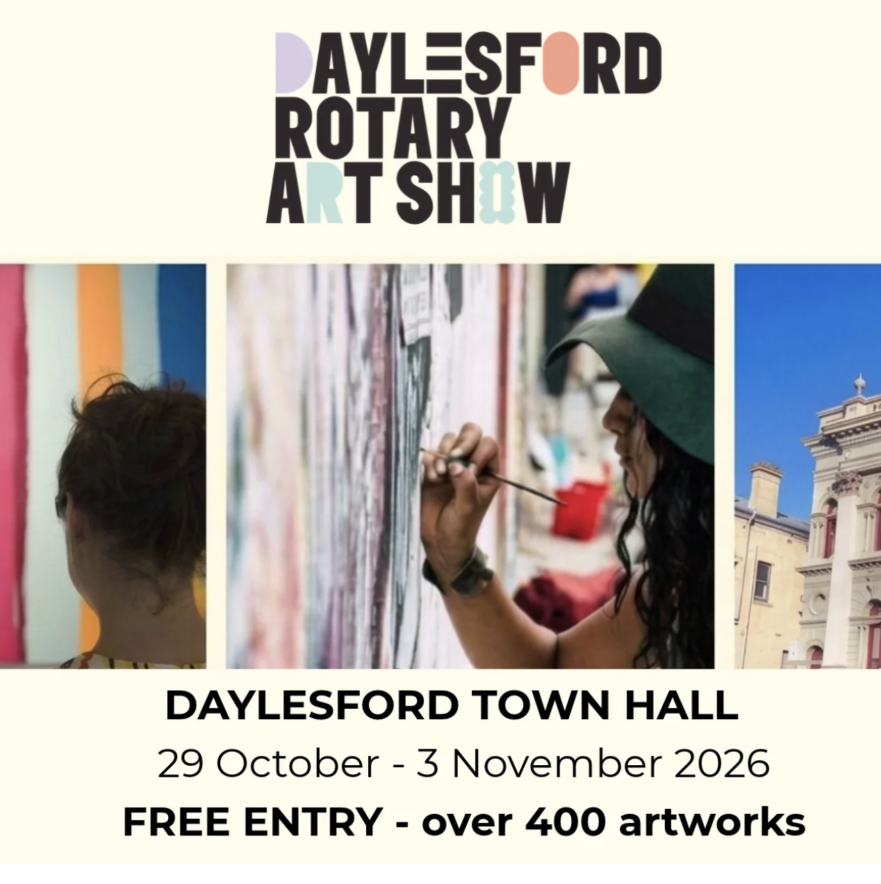 promotional image of Daylesford Rotary Aret Show with image of a female artist in green hat painitg on a wall
