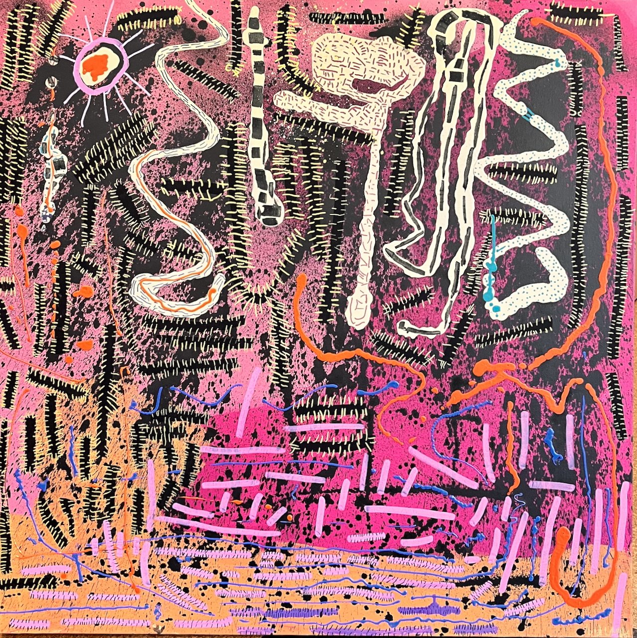 Abstract artwork with pink and orange background and swirls and lines over the top in pink beige and black