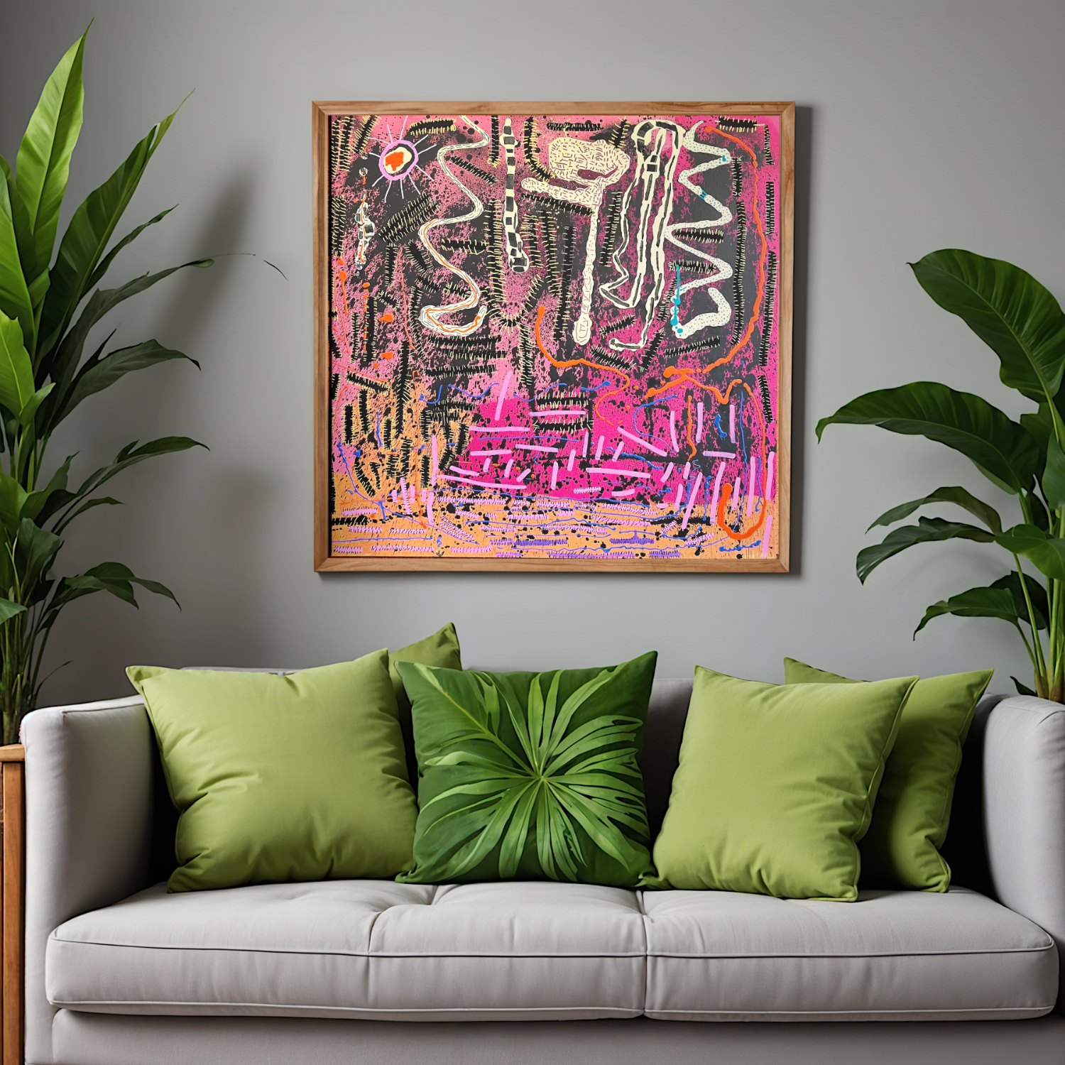 abstract painting above a grey couch with green cushions and tall plants to the side