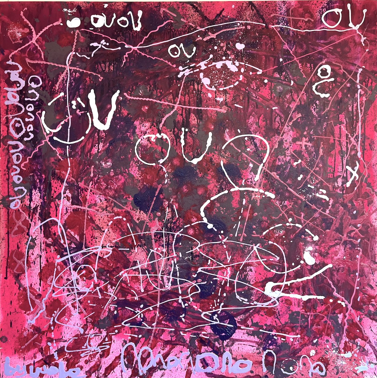 pink purple and grey abstract painting with the word 'no' dribbled over it repeatedly in light coloured paint