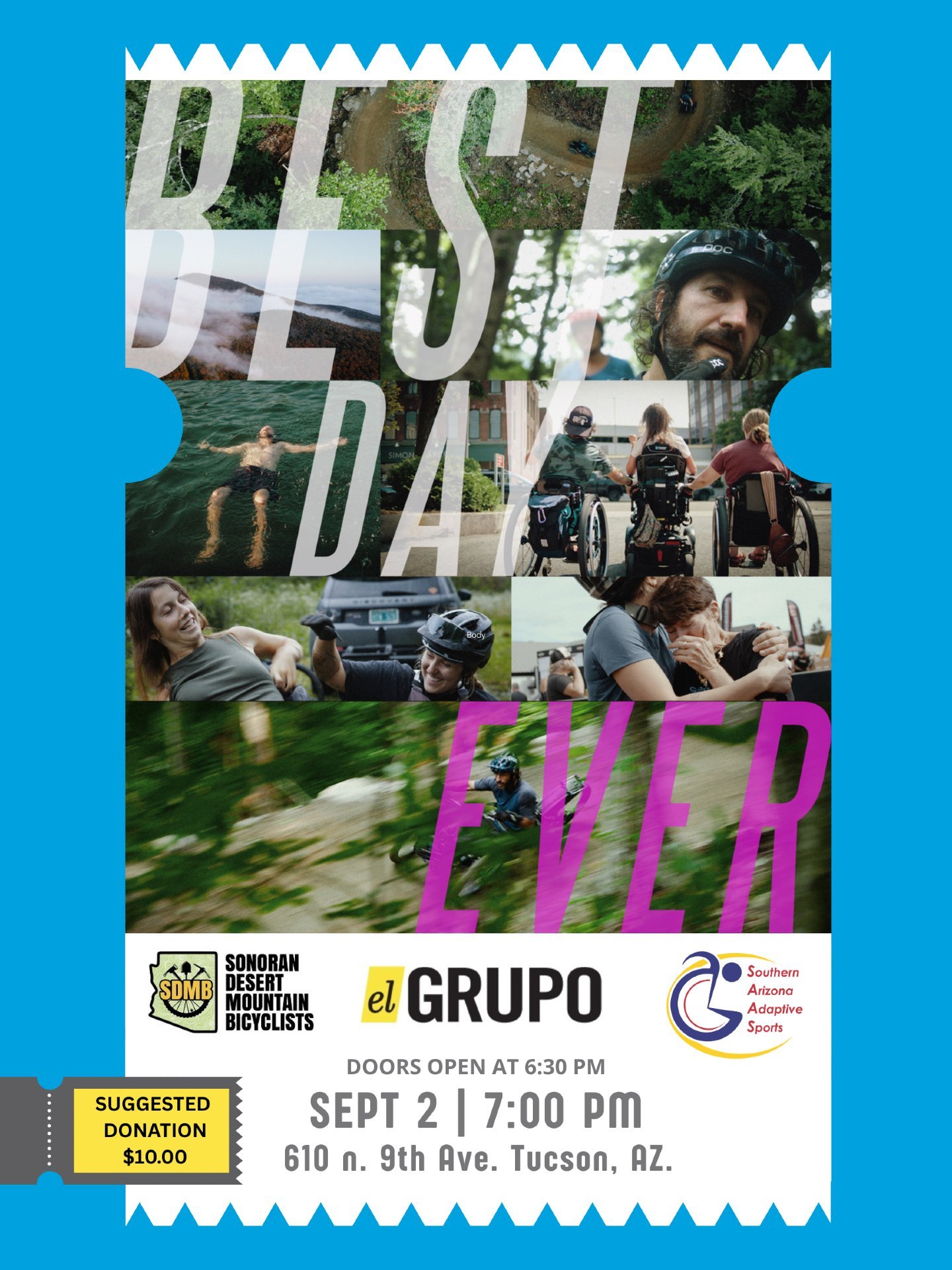 The best days on a bike aren&rsquo;t handed to you. You earn them.

El Grupo, SDMB, and SAAS invite you to a free screening of Best Day Ever &mdash; the story of adaptive mountain bikers Greg Durso and Allie Bianchi, who find community in rural Vermo