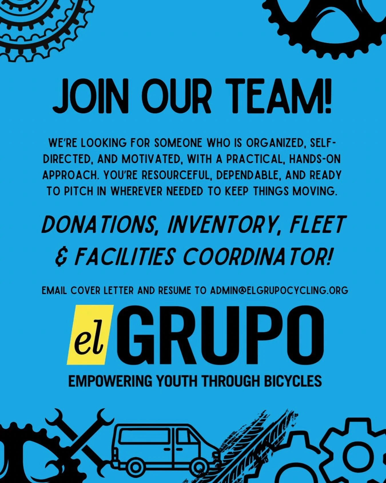 🚲 **WE&rsquo;RE HIRING!** 🚲

Love bikes, organization, and keeping things rolling? 

El Grupo is looking for a **Donation, Inventory, Fleet &amp; Facilities Coordinator** to join our team!

If you&rsquo;re hands-on, organized, and excited about sup
