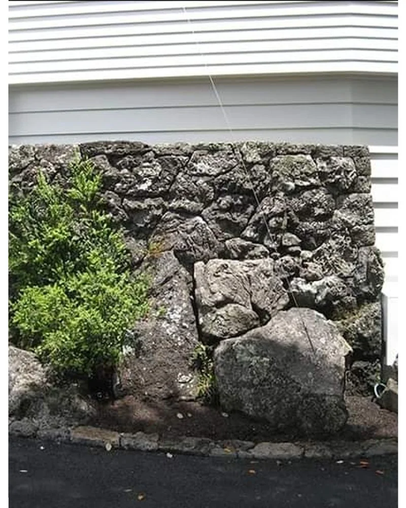 A landscaped area with large rocks and green shrubbery in front of a building with horizontal siding.