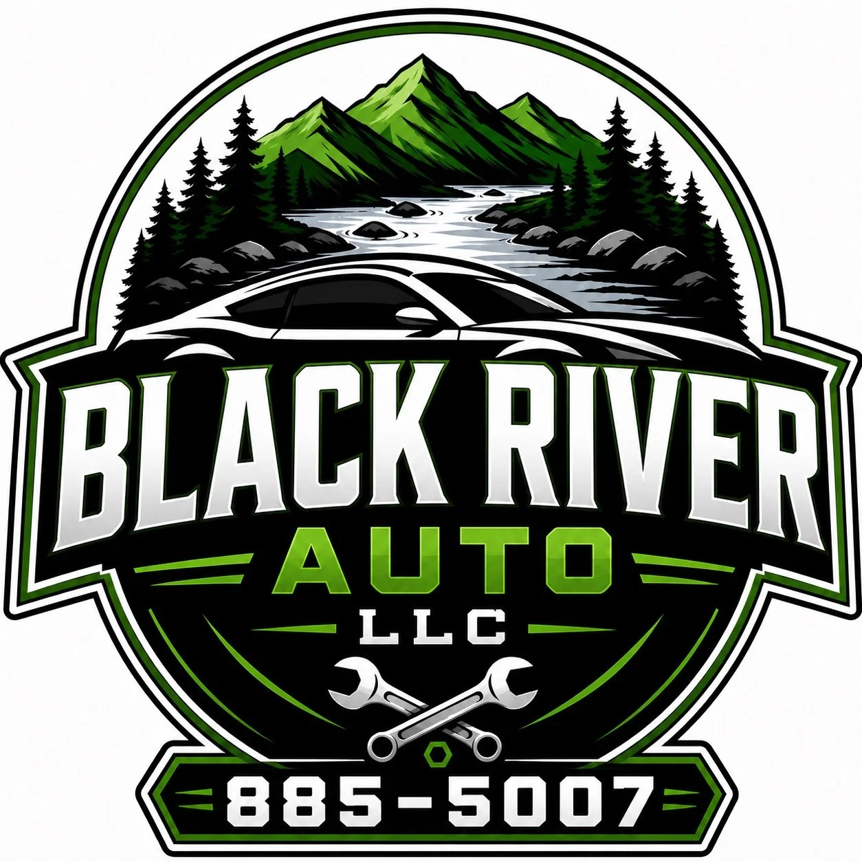 Logo for Black River Auto LLC featuring a mountain landscape with a river, pine trees, and a stylized black car, with the business name, phone number, and tools icon.