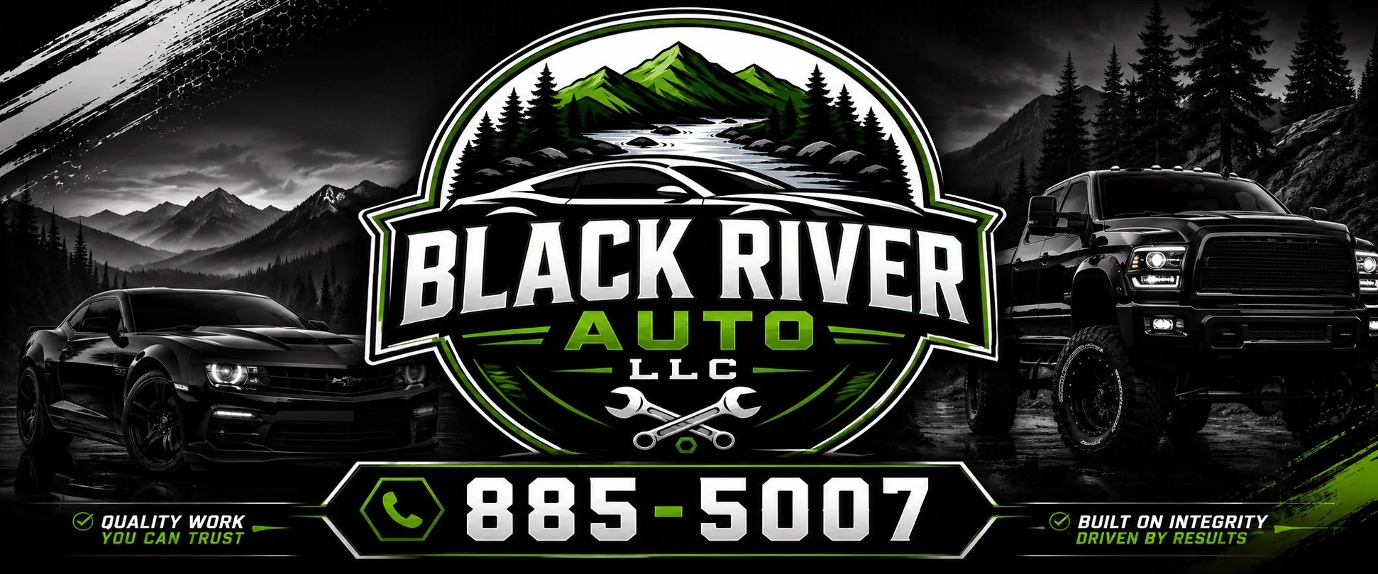 Logo for Black River Auto LLC featuring mountains, river, and pine trees, with two black vehicles, a sports car and a truck, set against a forested mountain landscape. Contact number 885-5007 and slogans about quality work and integrity.