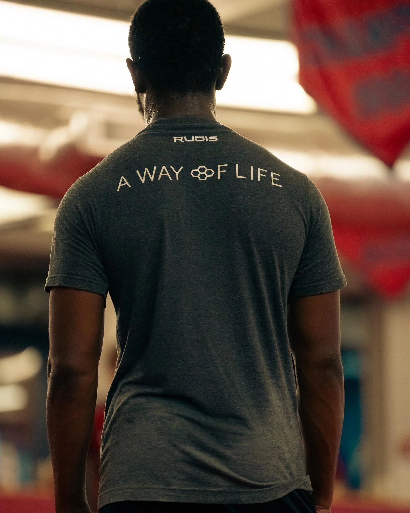 Back view of a man with short curly hair wearing a dark gray t-shirt with 'A WAY OF LIFE' text and geometric logo on back, in a gym or training facility.