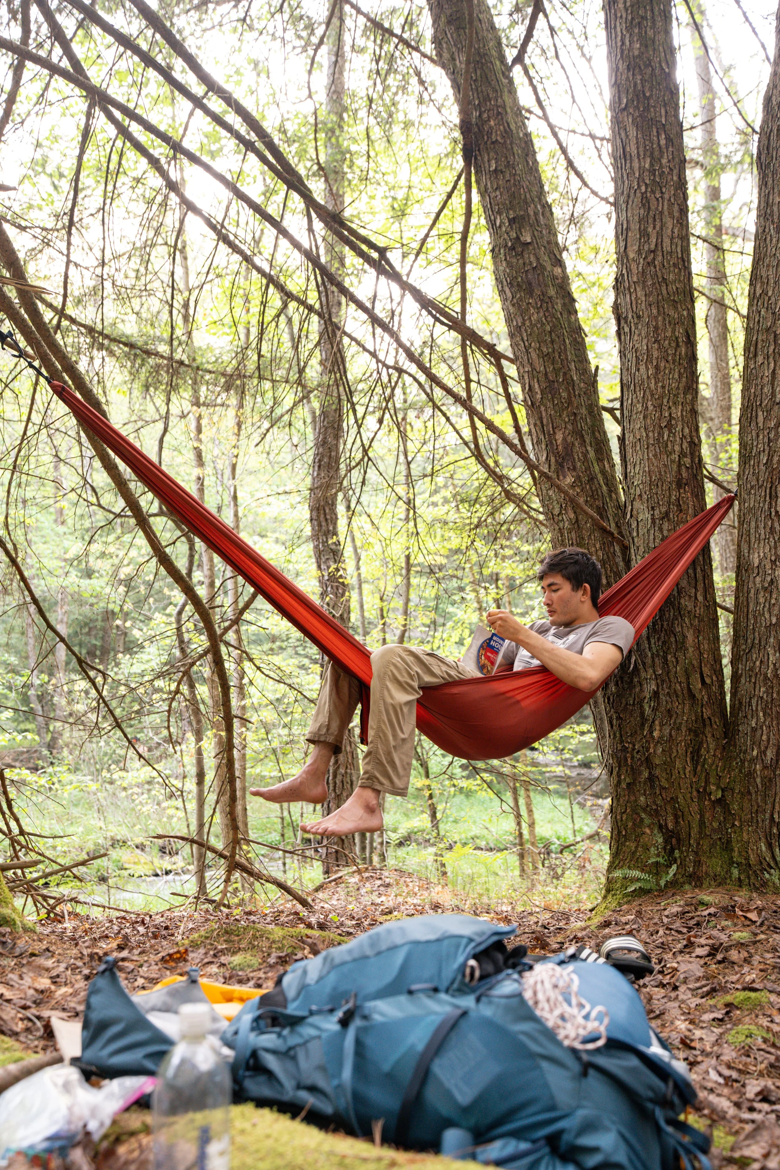 A man relaxing in a red hammock tied between two trees in a forest, with camping gear and backpacks on the ground nearby.