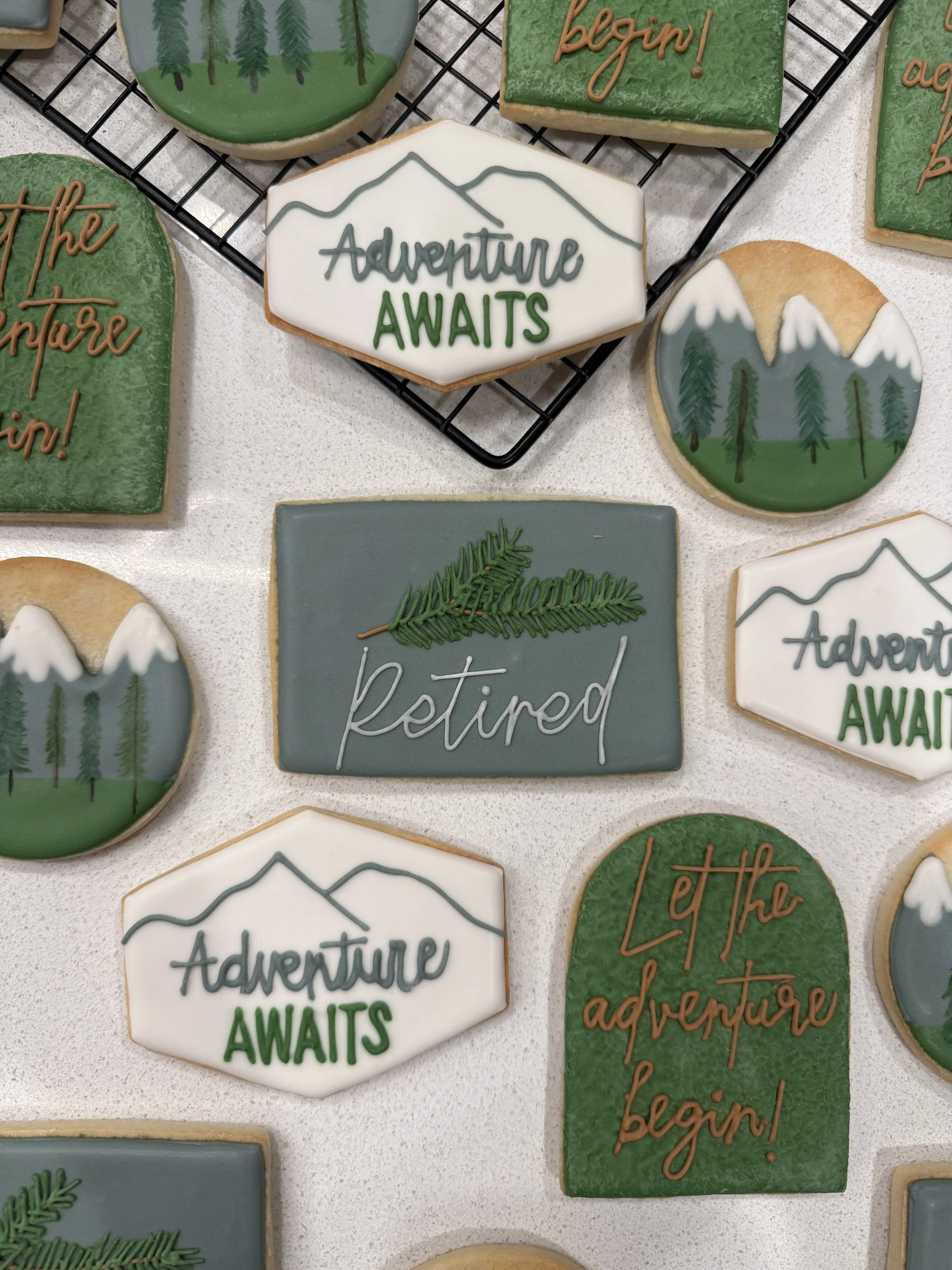 Decorated cookies with outdoor adventure themes, including mountains, trees, and the words "Adventure Awaits" and "Let the adventure begin!"