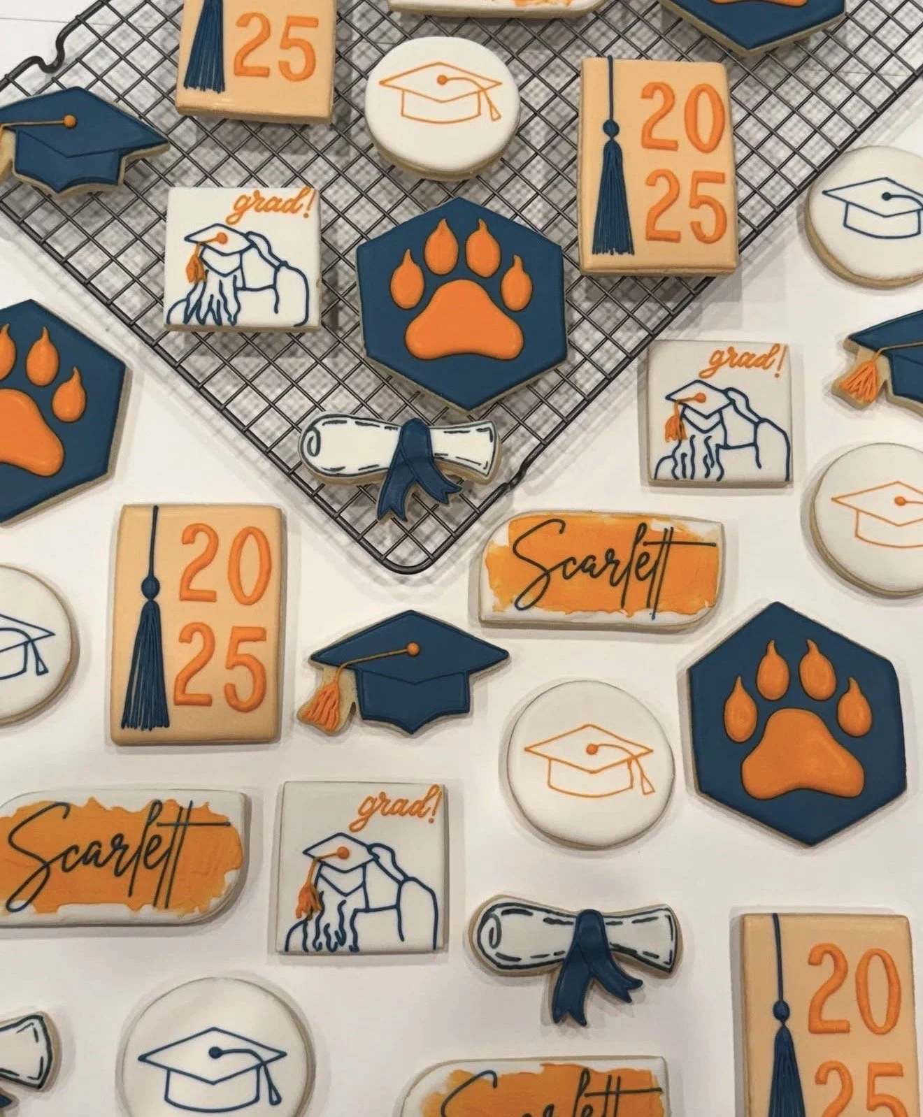 A variety of decorated cookies with graduation and school themes, including caps, diplomas, paw print, and the name 'Scarlett,' arranged on a wire cooling rack.