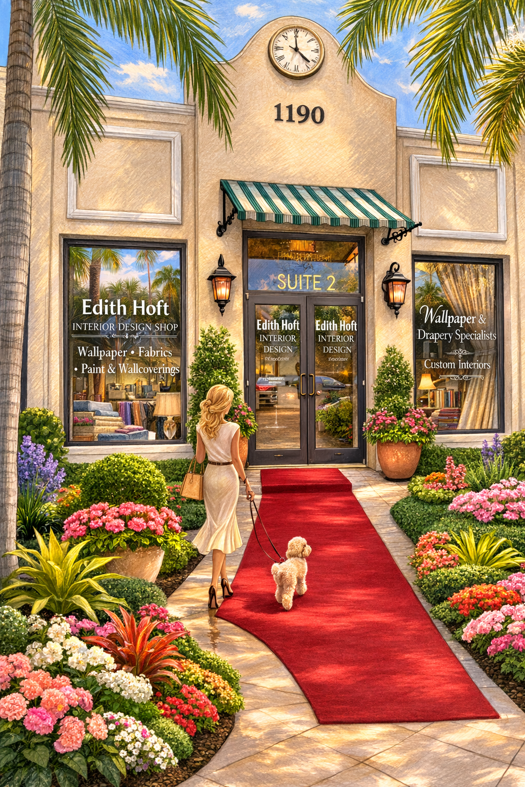 A woman walking her small dog on a red carpet leading to the entrance of Edith Hoft Interior Design Shop, surrounded by colorful flowers and greenery, with palm trees and a blue sky with clouds in the background.