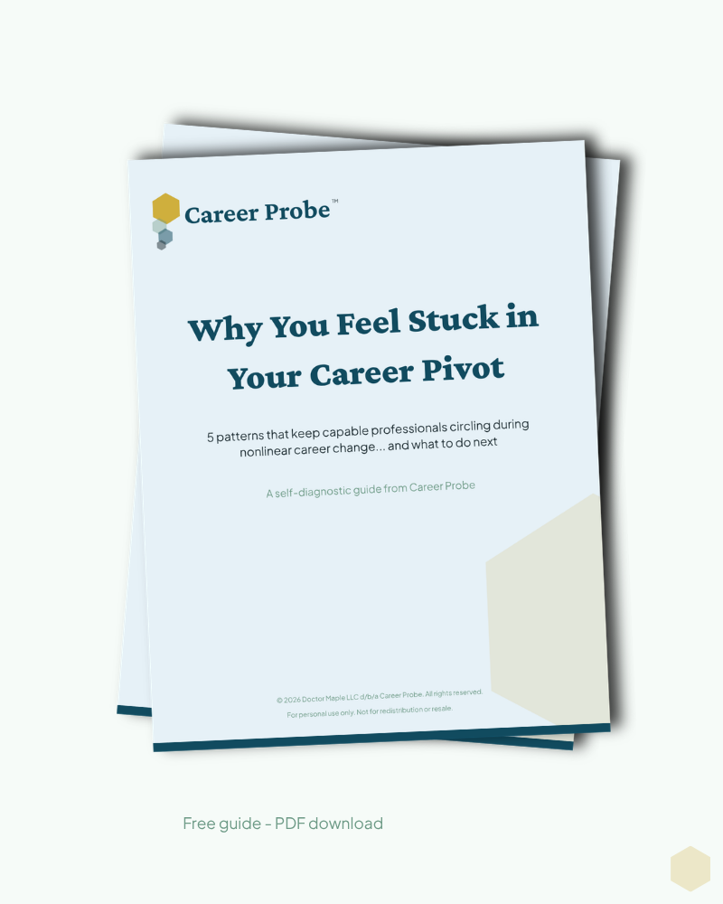 Cover page of a guide titled "Why You Feel Stuck in Your Career Pivot" by Career Probe, with a light blue background and a small logo of hexagons in the top left corner.