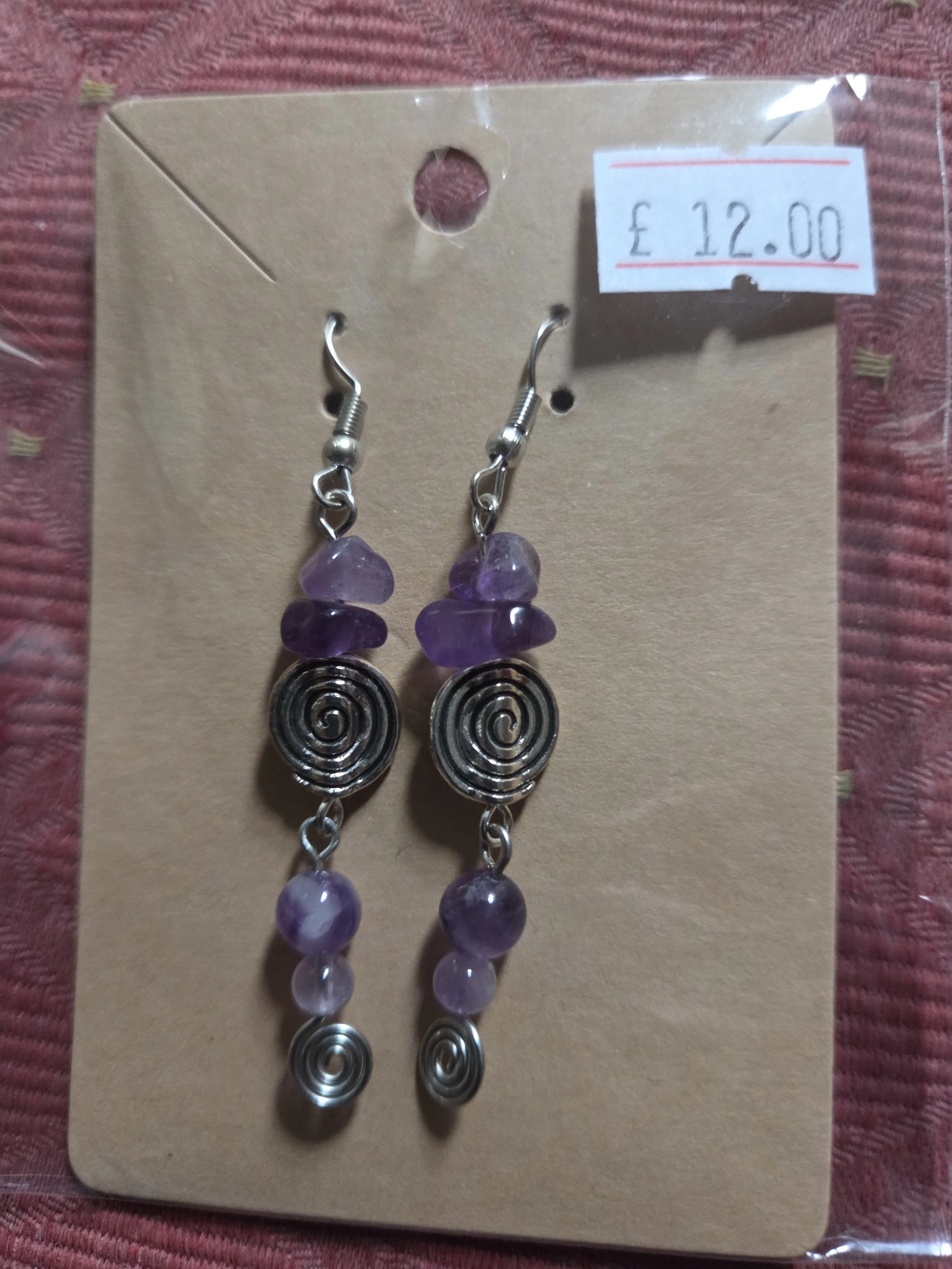 Handcrafted Amethyst gem Stone & Silver Swirl Earrings : 0.03 kg