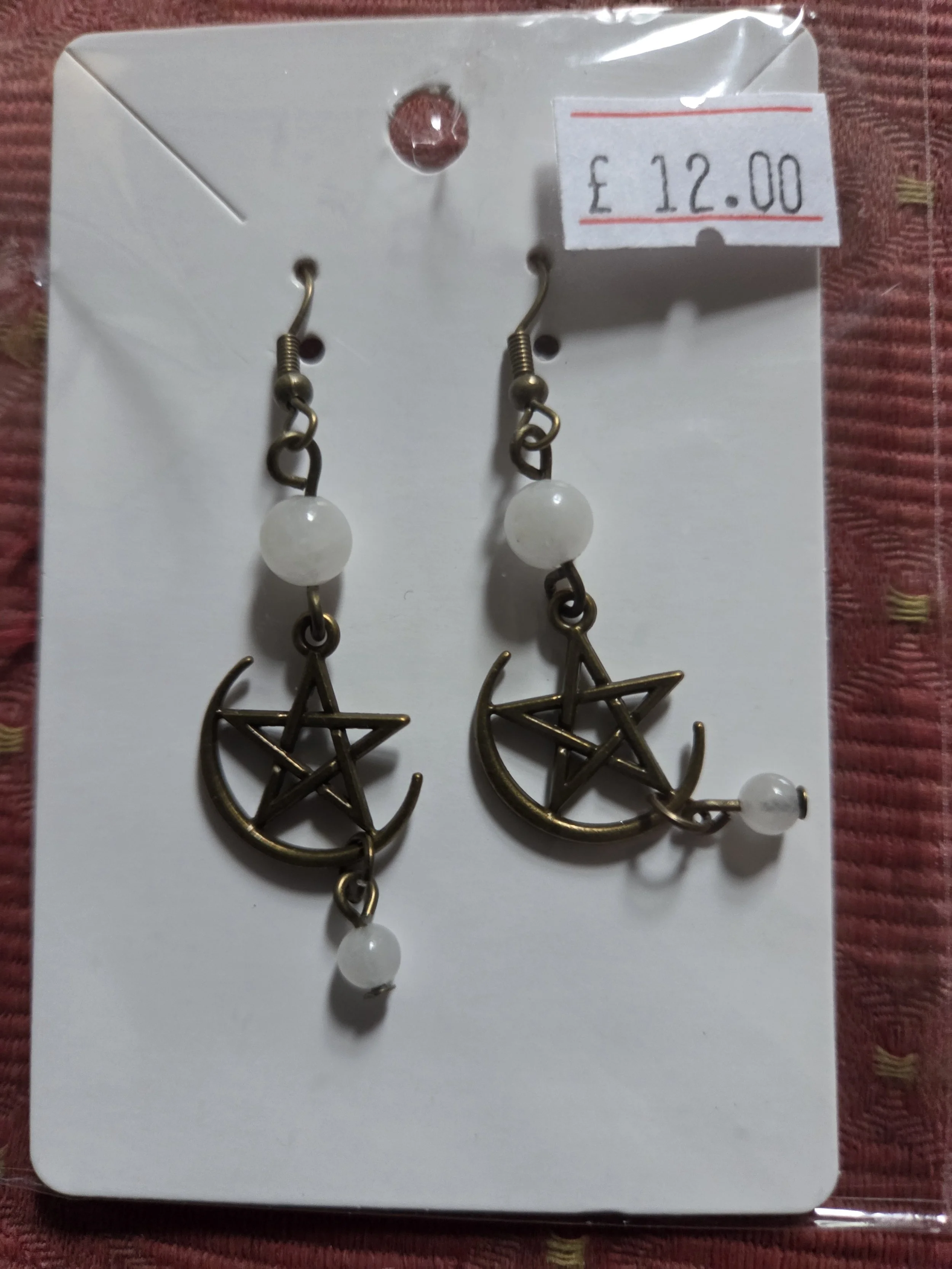Pentagram Crescent Moon Earrings with Moonstone Beads 0.03 kg