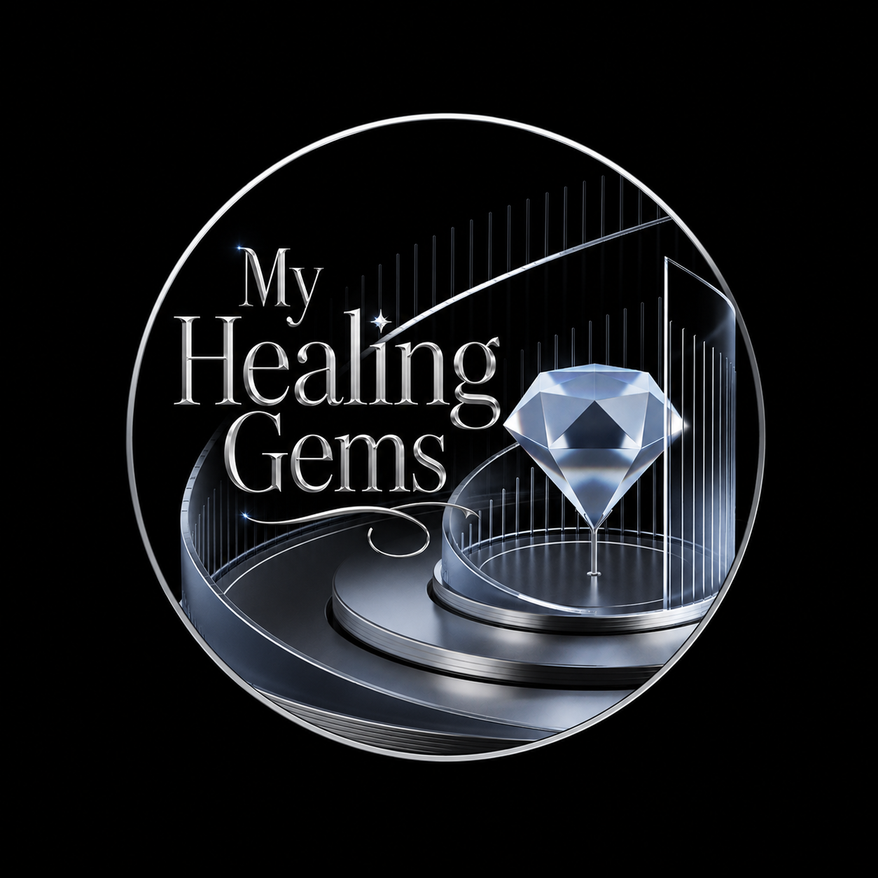 A digital graphic with the text 'My Healing Gems' next to a large, faceted gemstone encased in a futuristic display case against a black background.