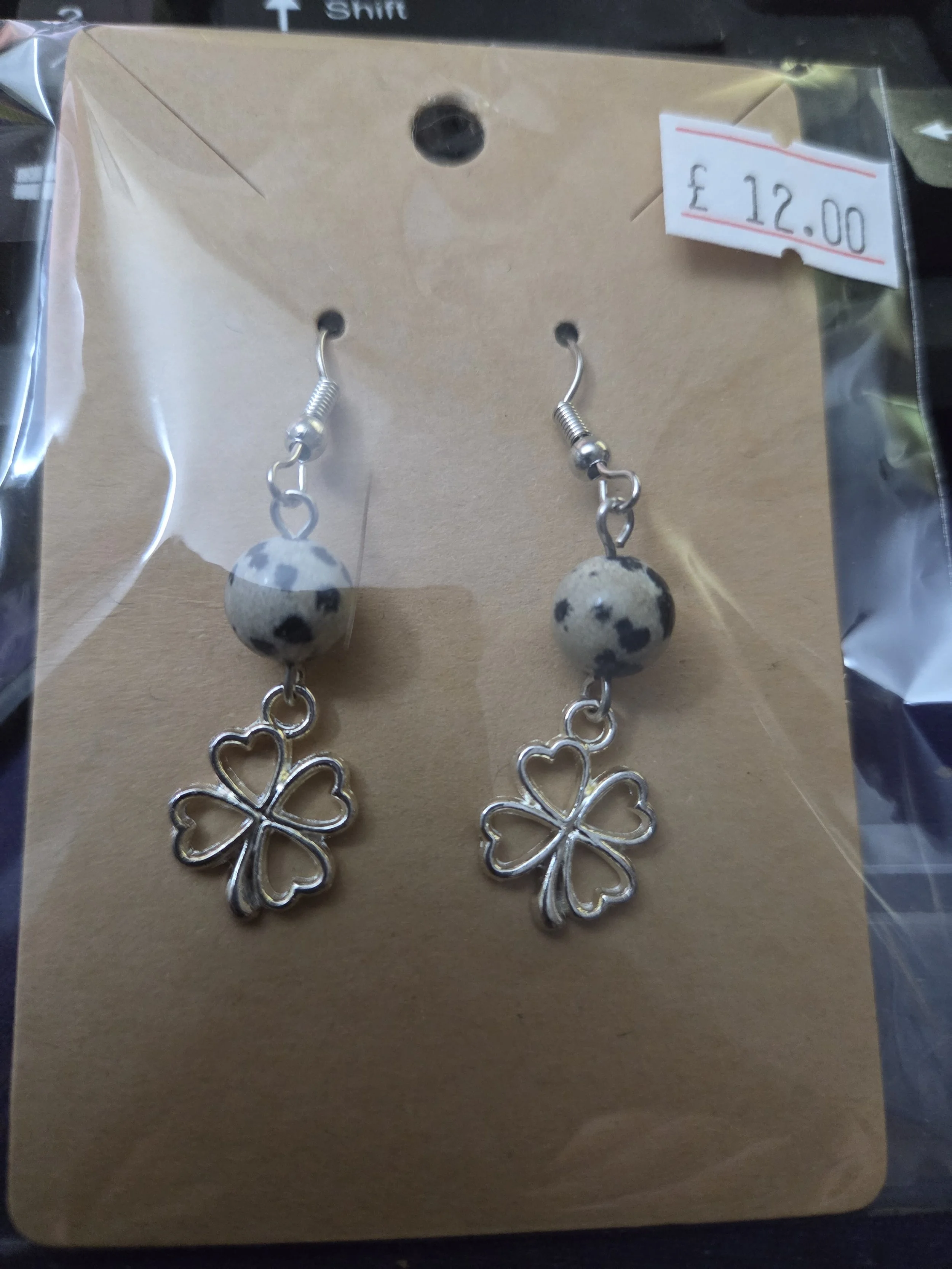 Dalmatian Jasper & Clover Charm Dangle Earrings : 0.03 kg