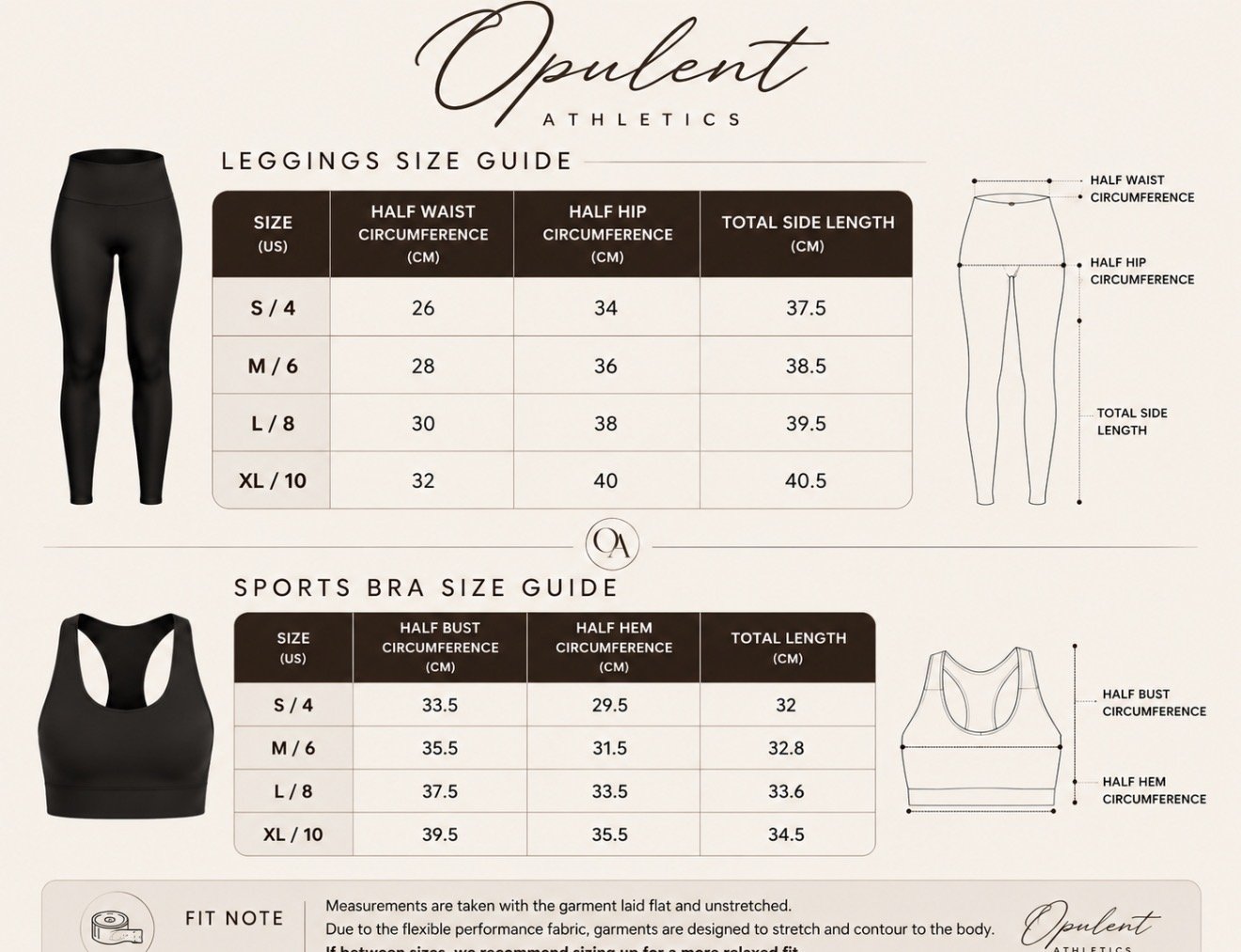 Size guide for leggings and sports bras by Opulent Athletics. The leggings size chart includes US sizes (S, M, L, XL) with corresponding measurements for half waist, half hip, and total side length in centimeters. The sports bra size chart shows US sizes with measurements for half bust, half hem, and total length in centimeters.