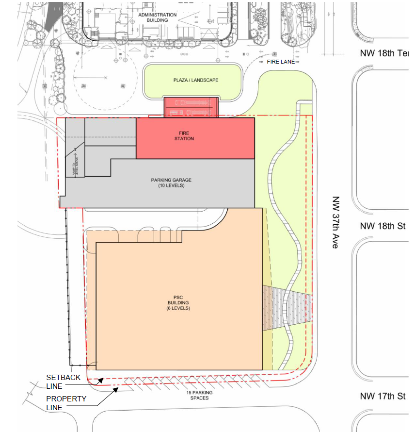 A site plan showing a layout of buildings, parking, and landscaping. The plan includes an administration building, a plaza/landscape area, a fire station, a parking garage, and a PSC building, with surrounding streets and a designated fire lane.