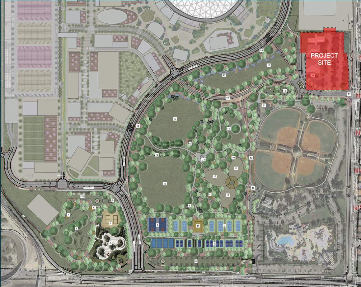 A detailed park and urban development plan with various sports courts, playgrounds, water features, pathways, trees, building outlines, and an area marked as 'PROJECT SITE' in red.