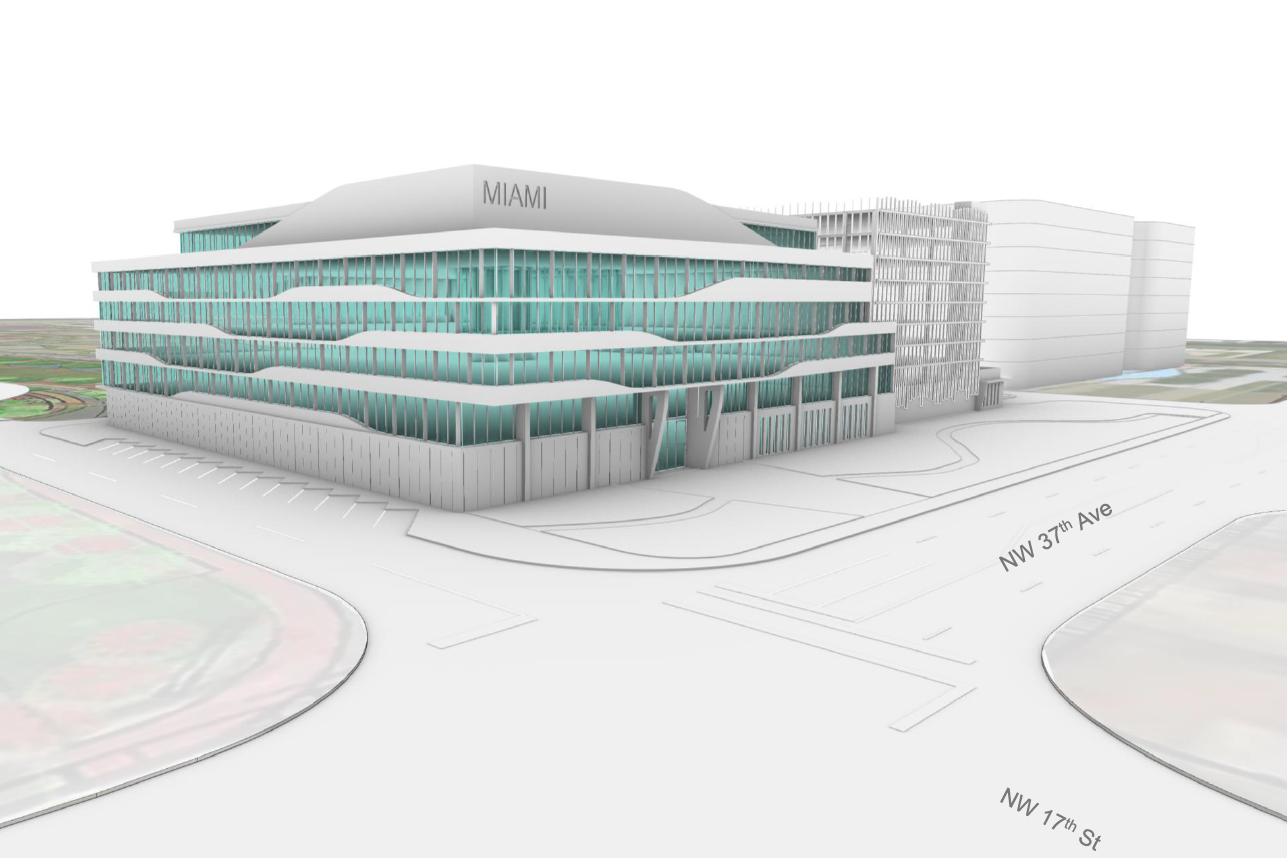 A modern architectural building with multiple floors, glass windows, and a curved roof, located near NW 37th Ave and NW 17th St in Miami.