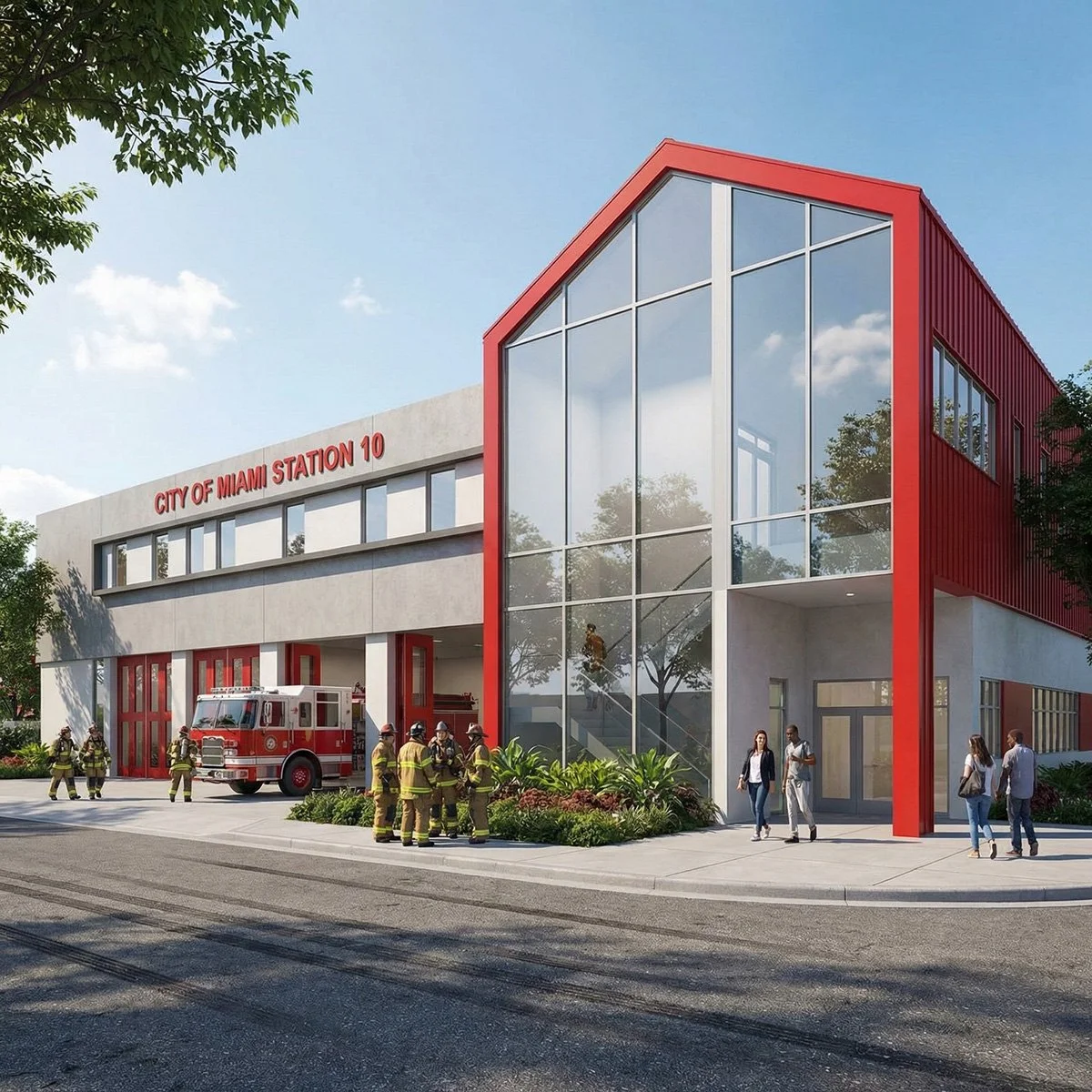 Modern fire station with large glass windows, labeled 'City of Miami Station 10,' with firefighters and a fire truck outside, and people walking nearby.