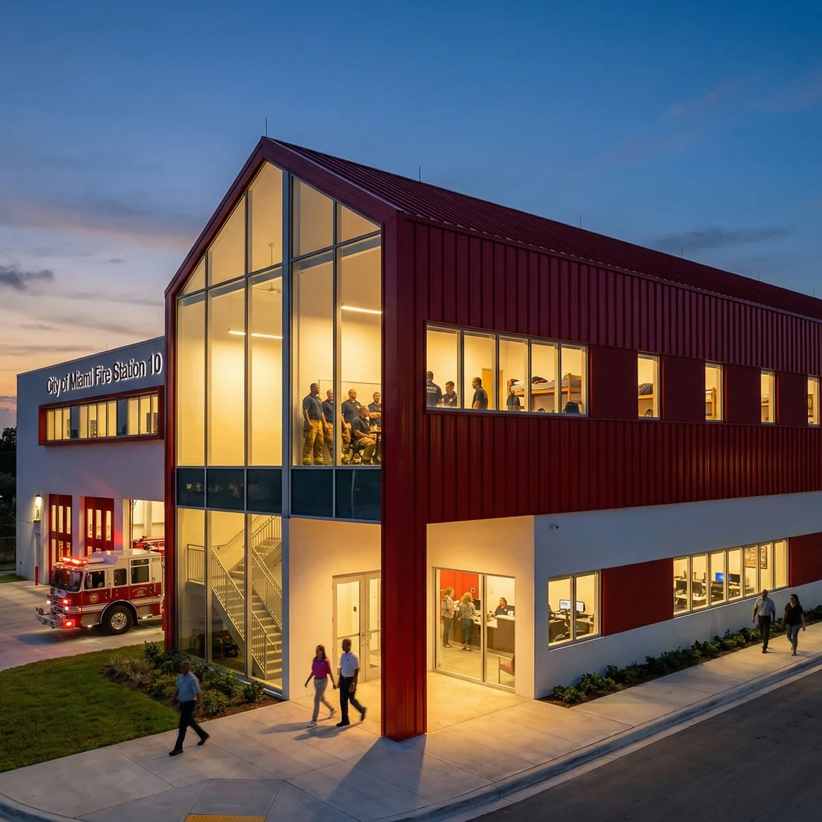 Exterior view of the Miami Fire Station 10 building at dusk, with large glass windows showing firefighters inside and a fire truck parked outside.