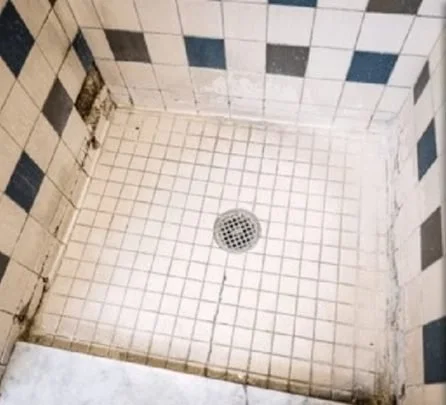 Empty shower stall with white and blue tile walls and floor, and a drain in the center.