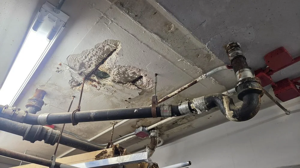 Ceiling with exposed pipes, some damaged ceiling with peeling paint and a large hole, fluorescent light fixture, and some structural elements.