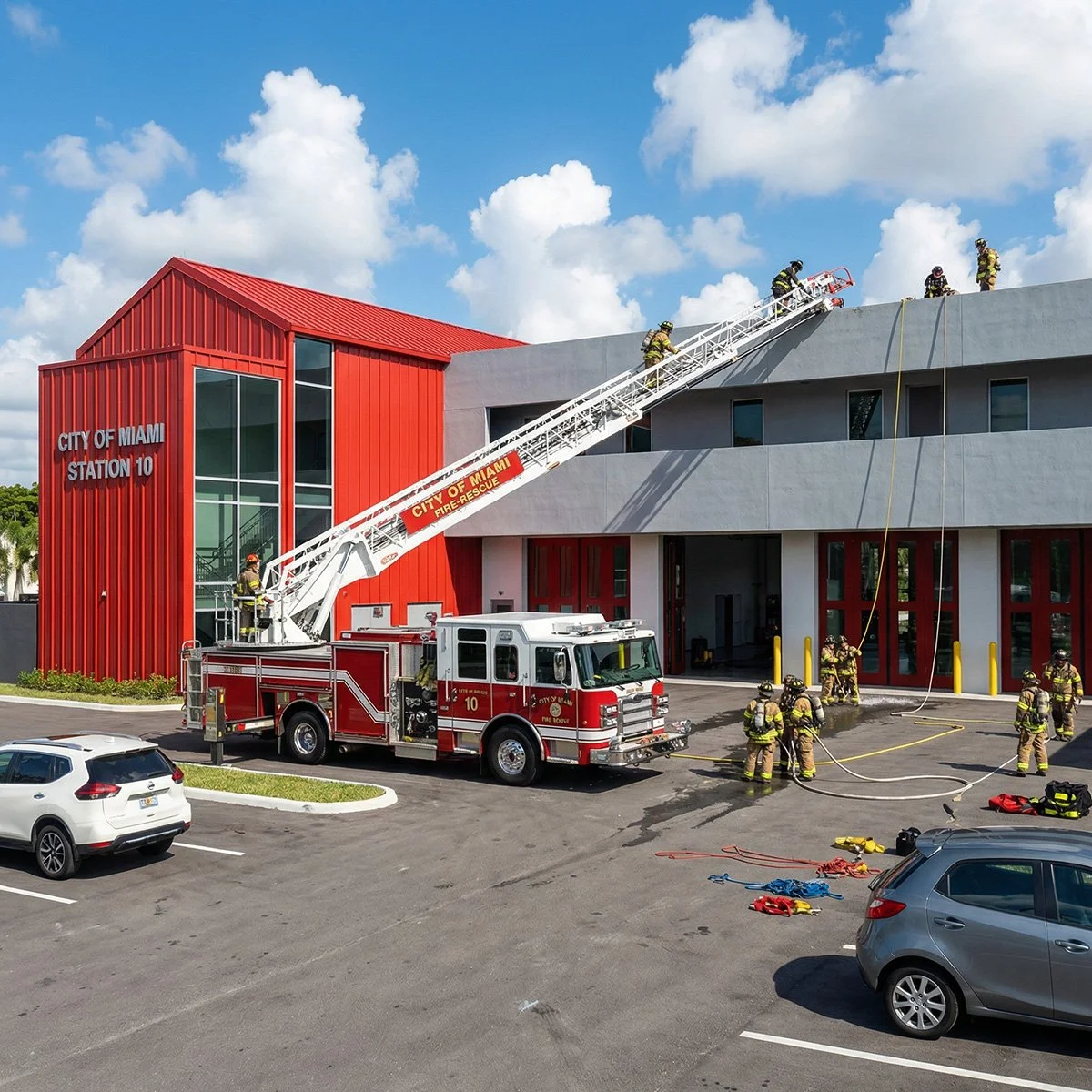 Firefighters are conducting a rescue drill at the City of Miami Fire Station 10, using an extended ladder on a fire truck to simulate rescue operations on the upper floors of the building.
