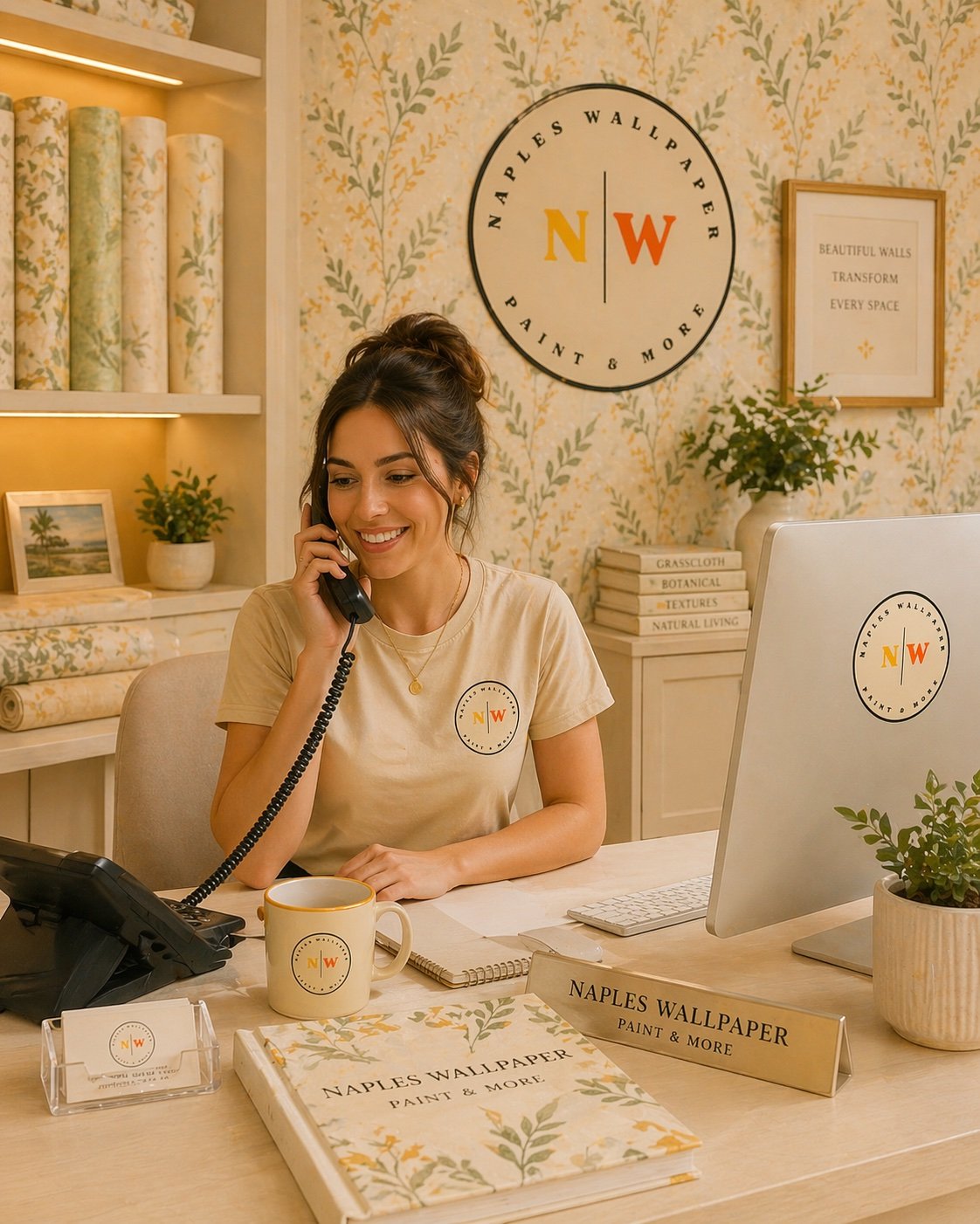 A woman sitting at a desk in a wallpaper store, talking on the phone. The desk has a naples wallpaper book, a coffee mug, a notepad, and a sign that reads "Naples Wallpaper Paint & More." The background features wallpaper rolls, decorative framed prints, and plants.