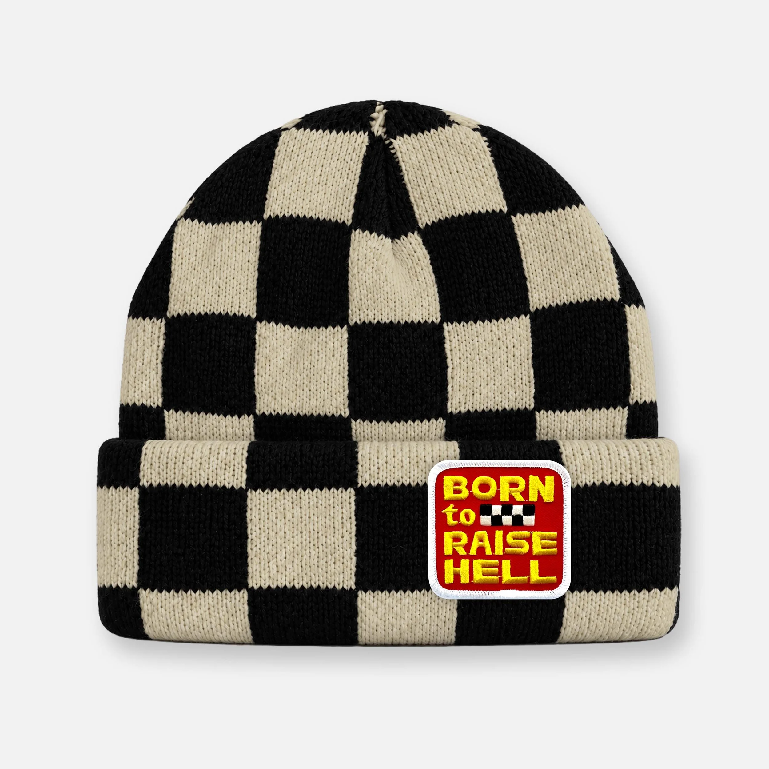 BORN TO RAISE HELL BEANIE_BLACK-TAN CHECKER.jpg