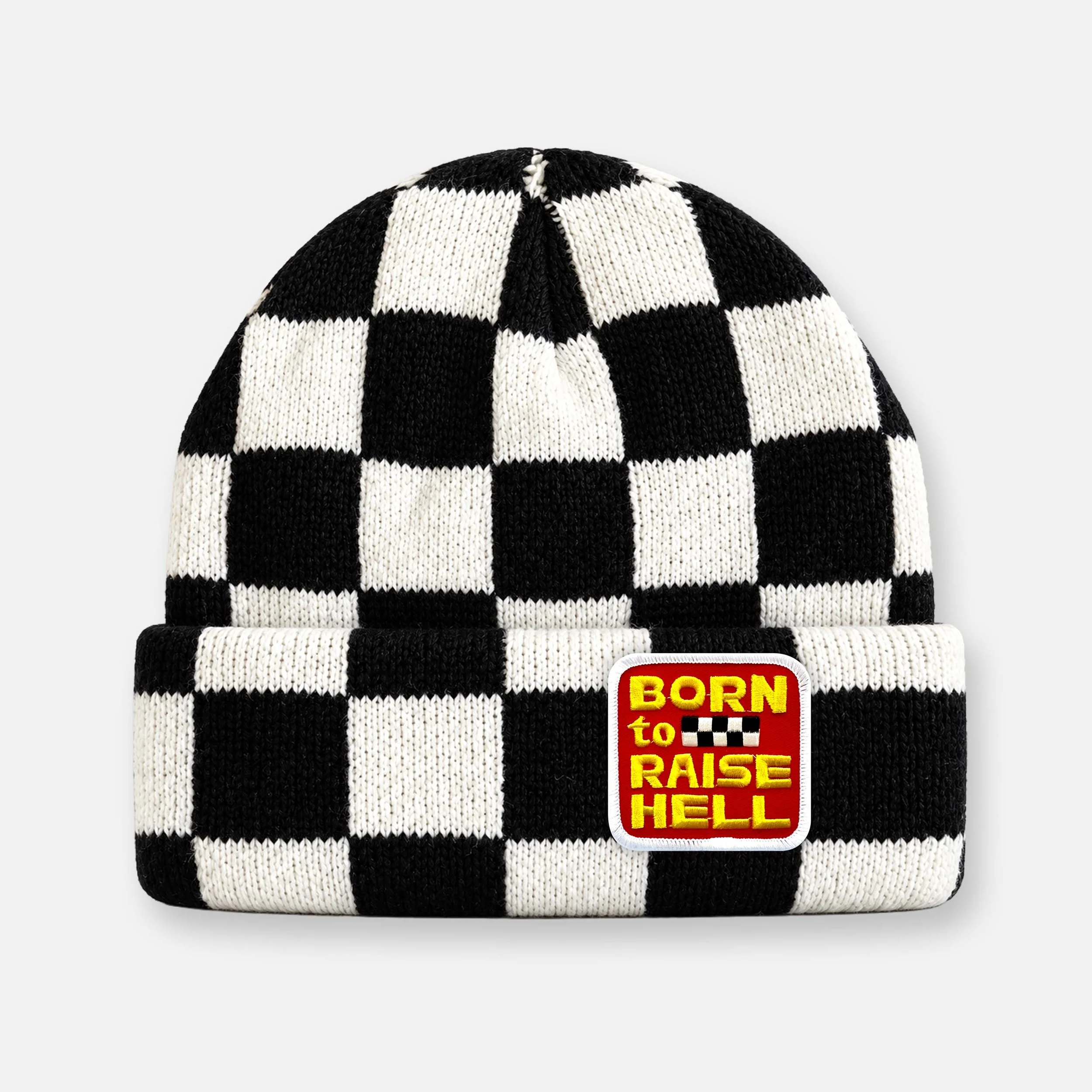 BORN TO RAISE HELL BEANIE_BLACK-WHITE CHECKER.jpg