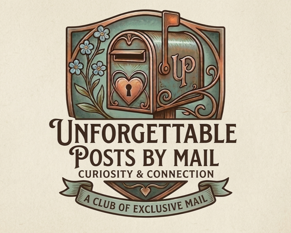 Illustration of a vintage mailbox with flowers, a heart-shaped lock, and the word "up" on its side, with the text "Unforgettable Posts by Mail. Curiosity & Connection. A Club of Exclusive Mail" written beneath.