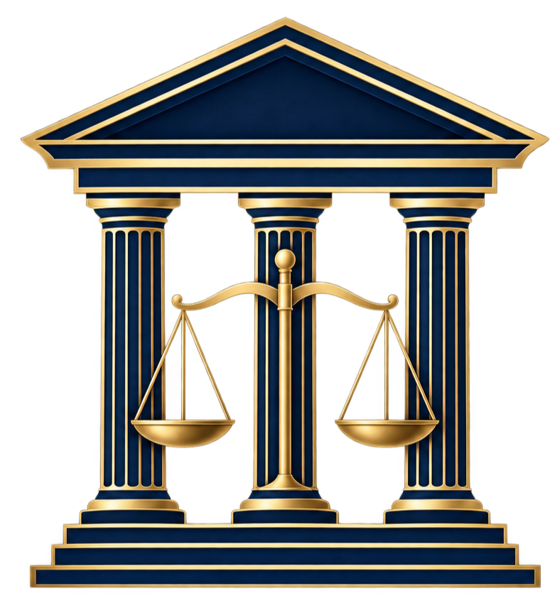 A gold and navy scale of justice statue in front of a classical building with columns and a triangular pediment.