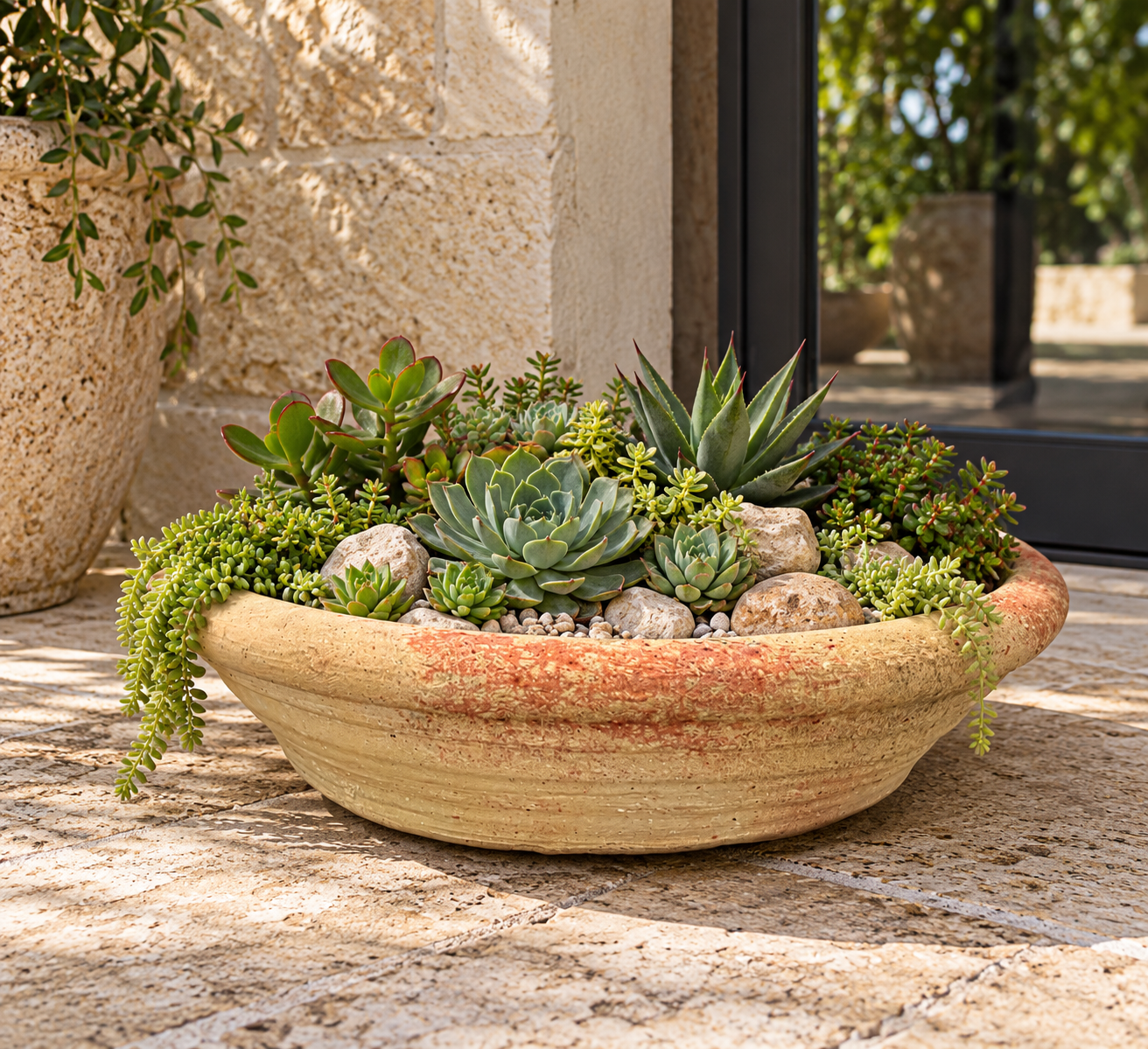 Sunlit Rustic Succulent Bowl on Stone Patio.png