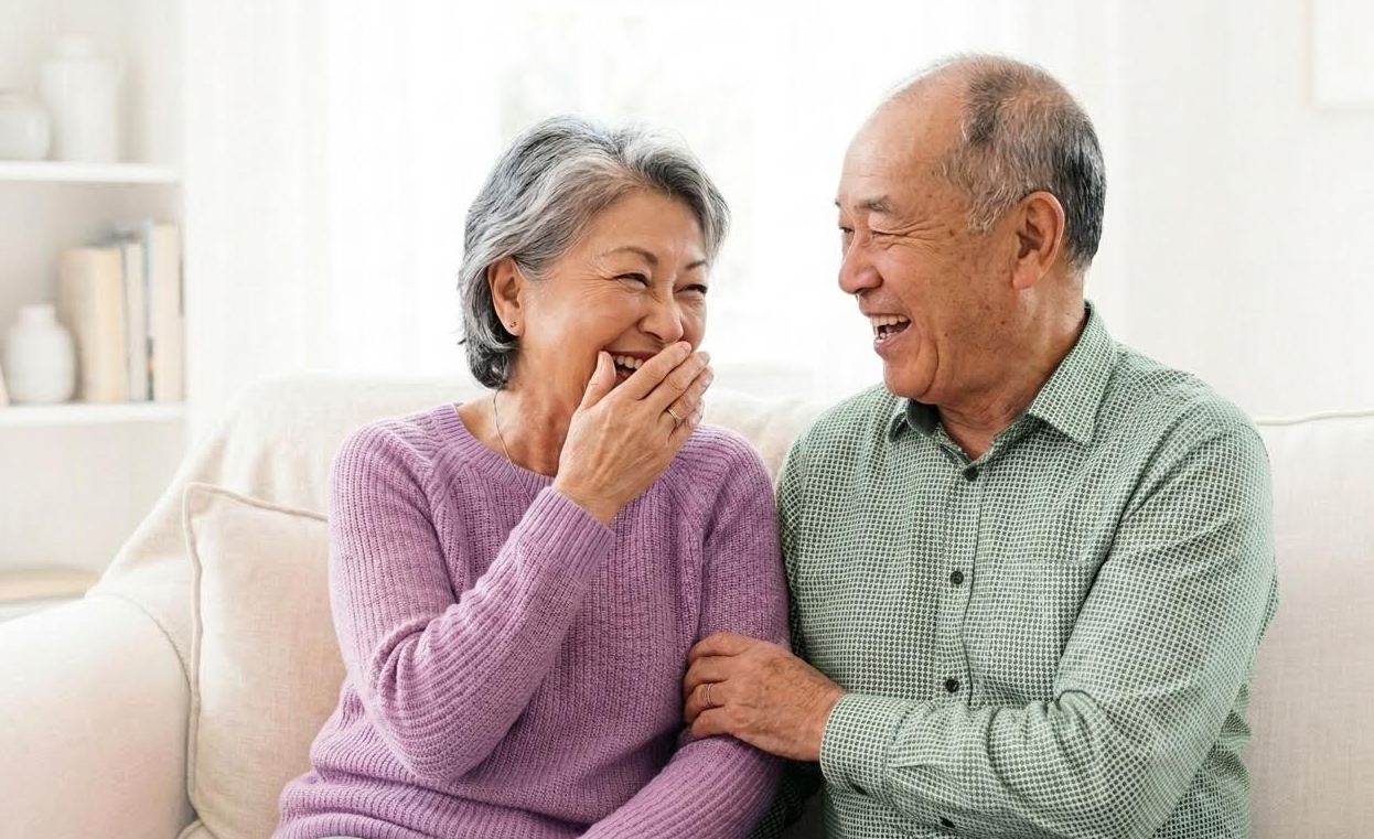 An elderly couple sitting on a cream-colored sofa, laughing and enjoying each other's company in a bright, cozy living room.