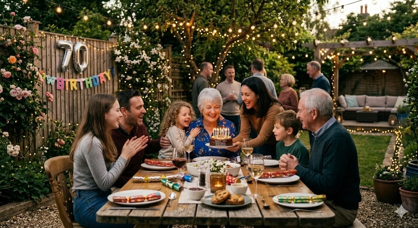 A family celebrating a 70th birthday in a backyard garden, with the birthday person blowing out candles on a cake while others cheer and smile, surrounded by decorated plants, string lights, and a birthday banner.
